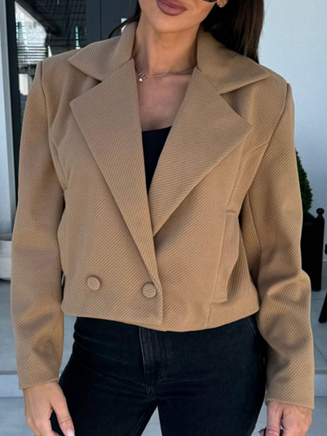 

StyleCast Women Lapel Collar Self Design Cotton Casual Tailored Jacket, Khaki