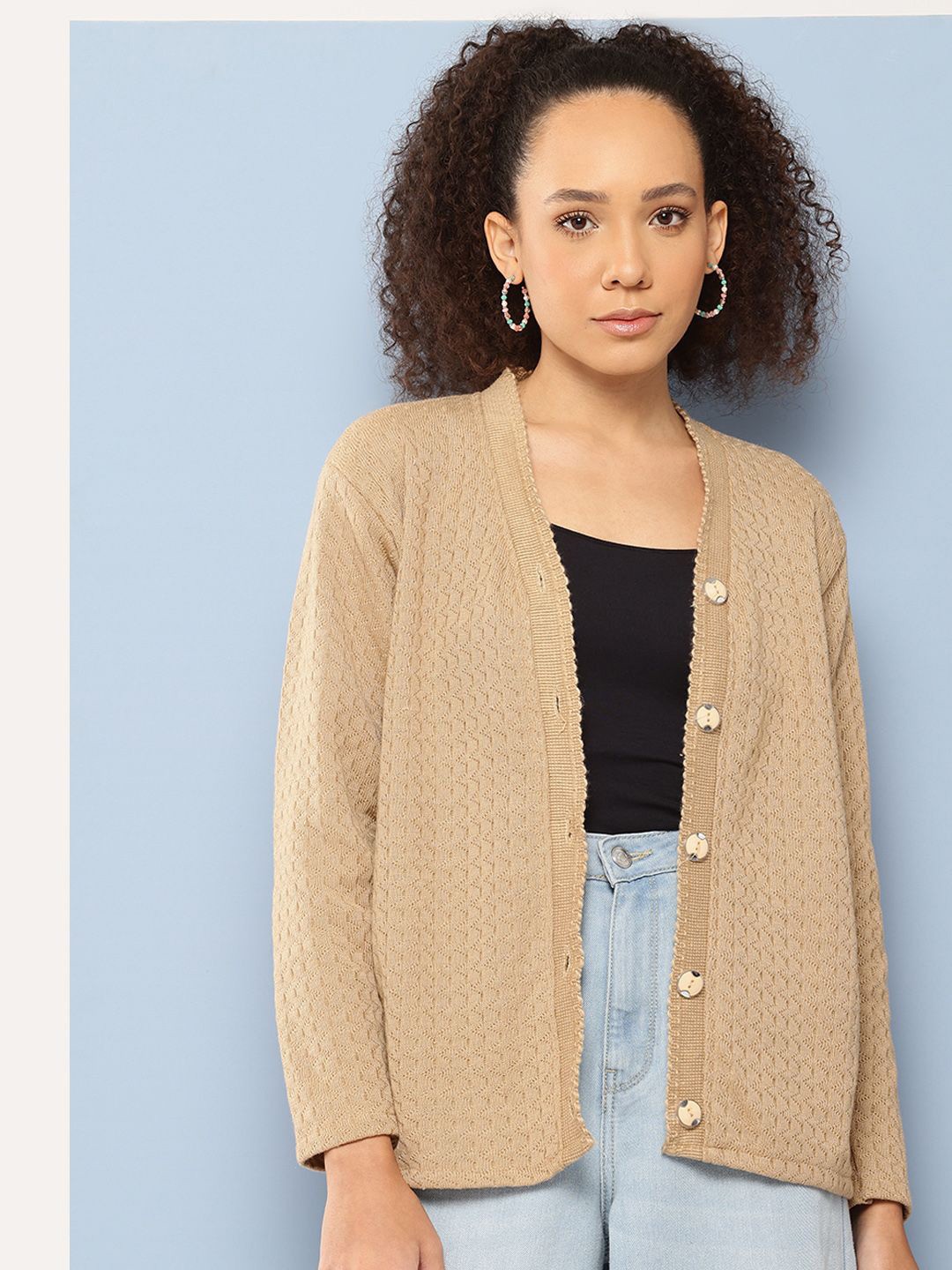 

The Roadster Lifestyle Co Women Open Knit Woollen Longline Cardigan, Beige