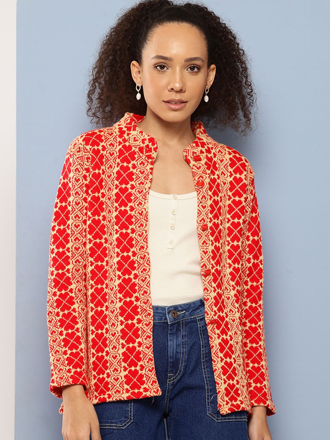 

The Roadster Lifestyle Co. Women Self Design Woolen Long Sleeve Cardigan, Red