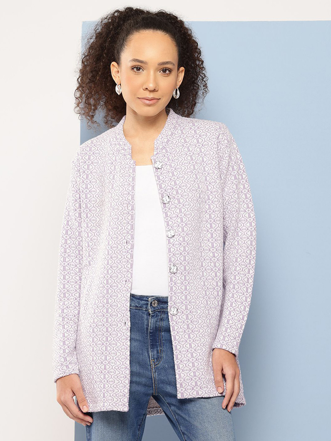 

The Roadster Lifestyle Co Women Printed Woollen Longline Cardigan, Purple