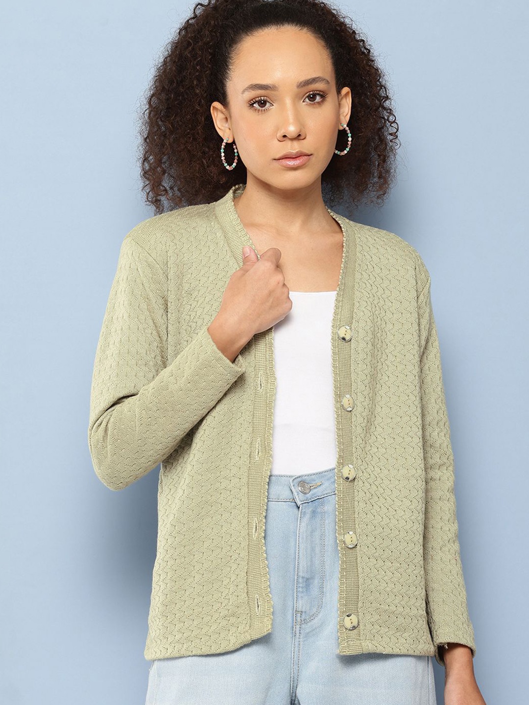 The Roadster Lifestyle Co Women Open Knit Woolen Cardigan, Sea green