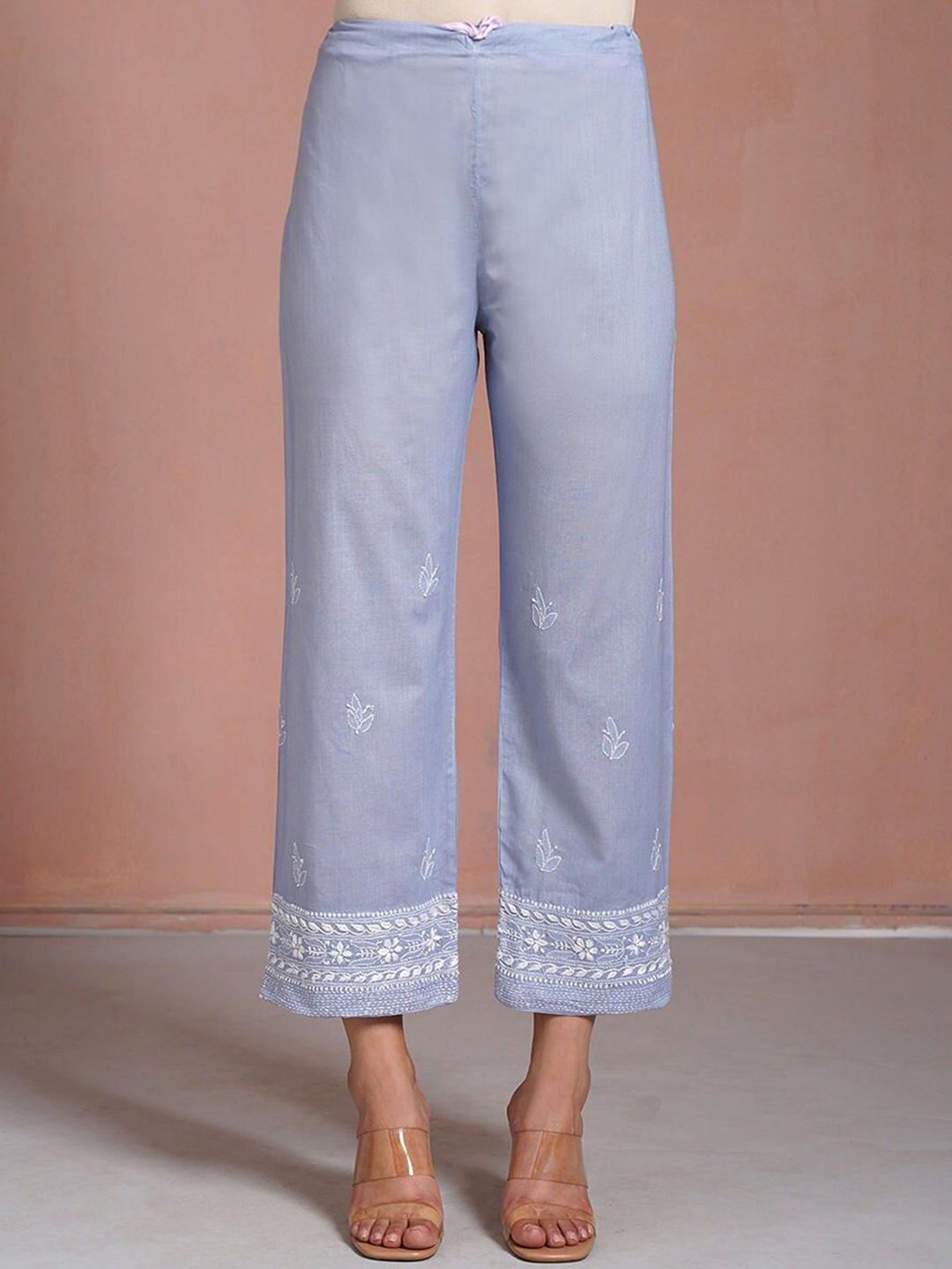 

JAYPORE Women Ethnic Motifs Embroidered Cotton Straight Palazzos, Blue