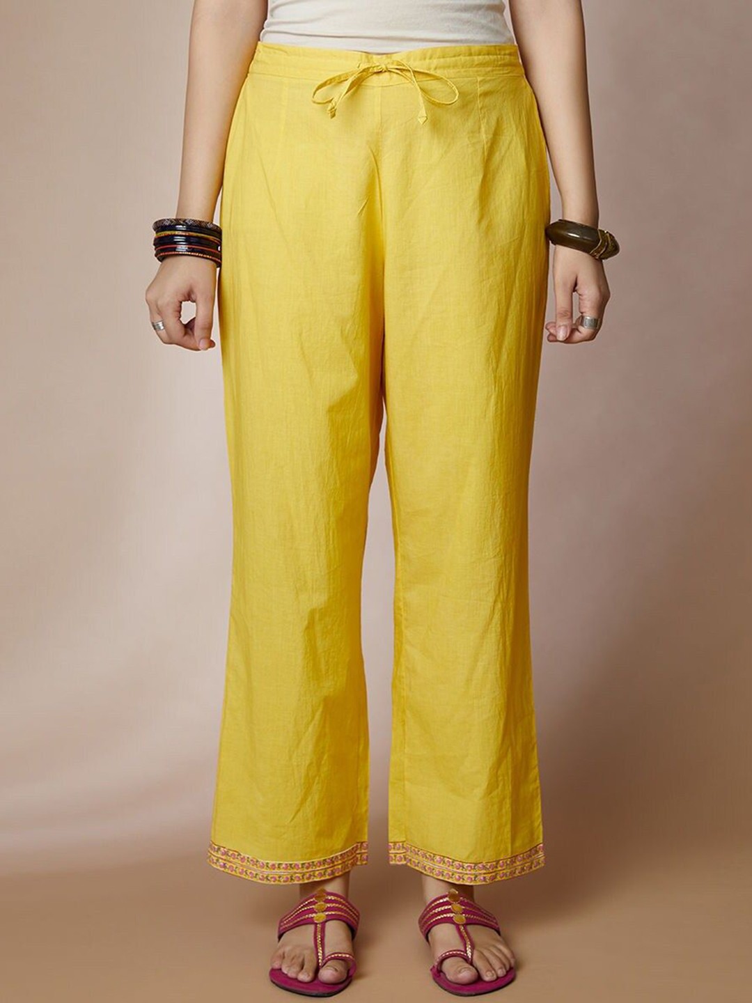

JAYPORE Women Pure Cotton Relaxed Trousers, Yellow