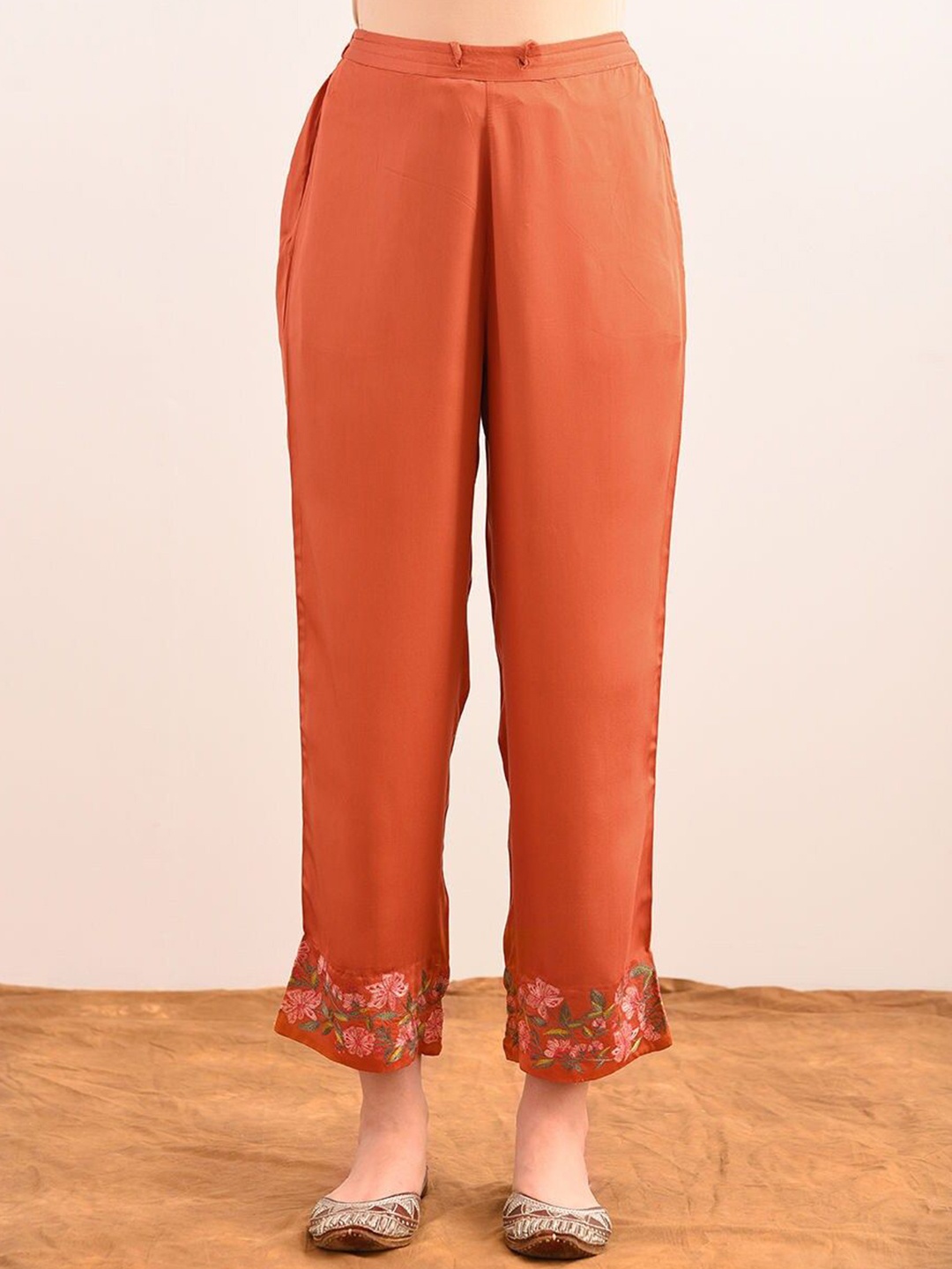 

JAYPORE Women Embroidered Mid-Rise Slip-On Relaxed Trousers, Rust