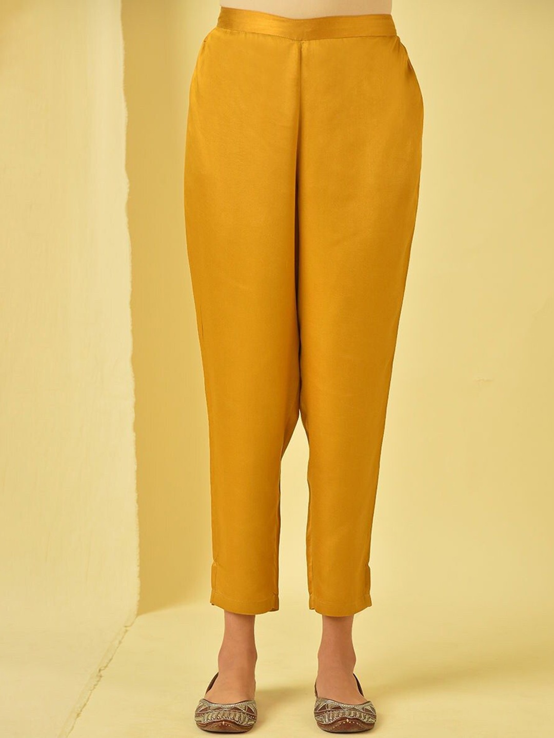 

JAYPORE Women Relaxed Regular Fit Pleated Trousers, Mustard