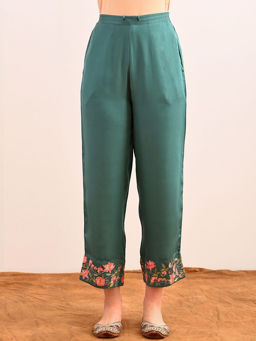 

JAYPORE Women Ethnic Motifs Embroidered Relaxed Fit Trousers, Teal