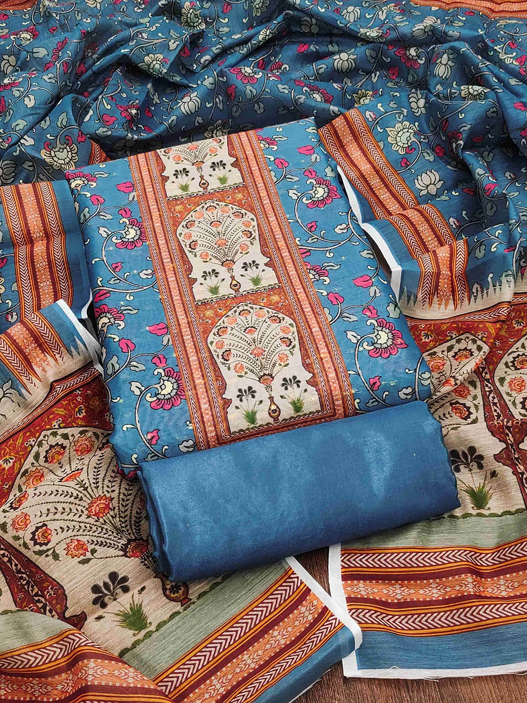 

RUDRAA FAB Floral Printed Unstitched Dress Material, Blue
