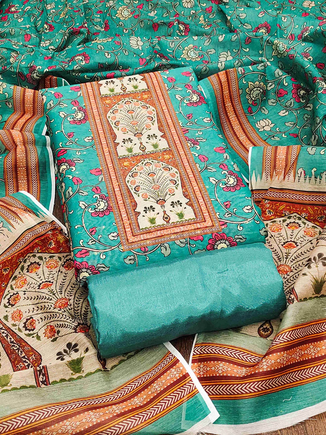 

RUDRAA FAB Ethnic Motifs Printed Unstitched Dress Material, Turquoise blue