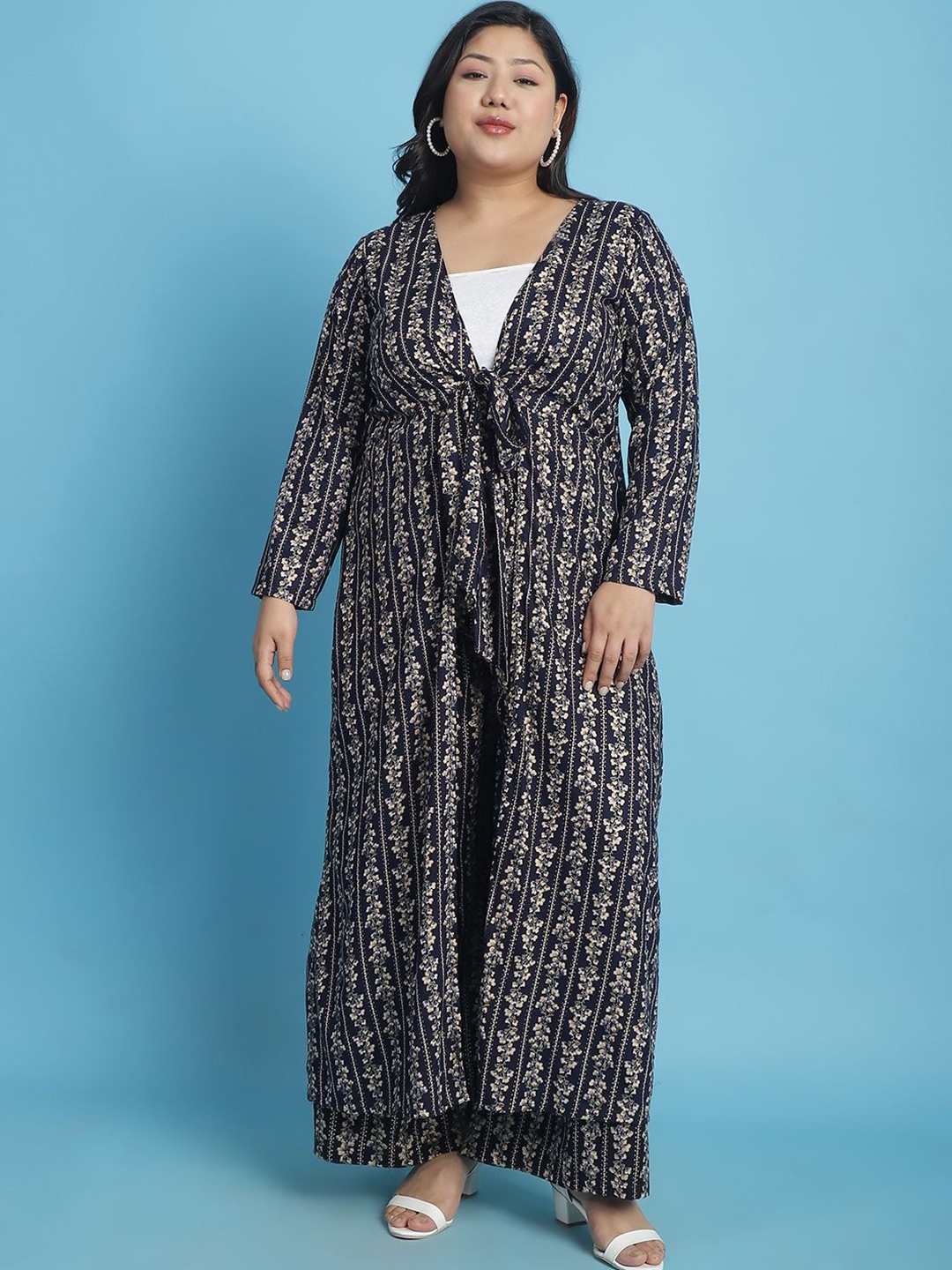theRebelinme Plus Size Floral Printed Longline Tie-Up Shrug, Navy blue