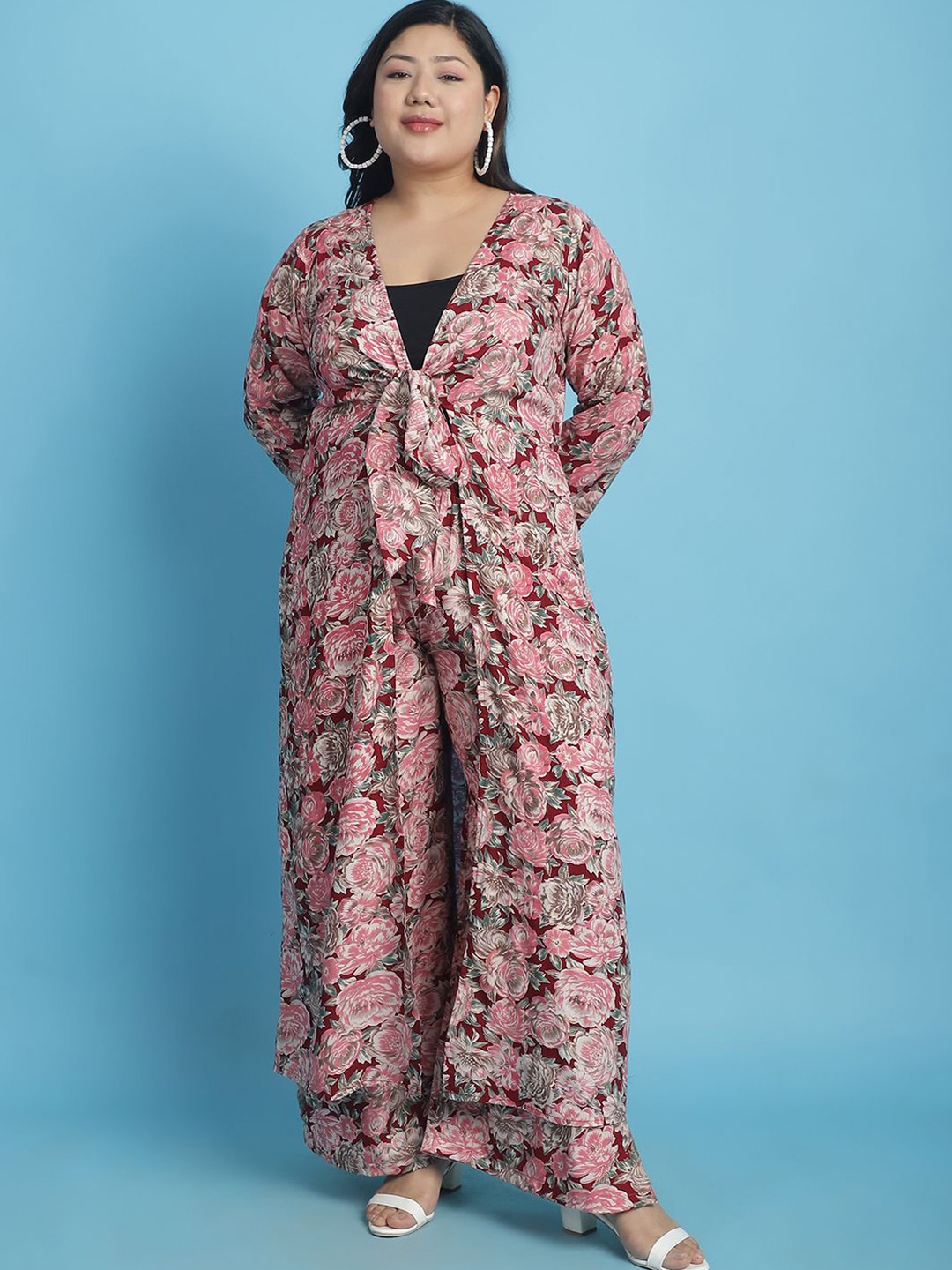 theRebelinme Plus Size Floral Printed Tie-Up Shrug, Maroon