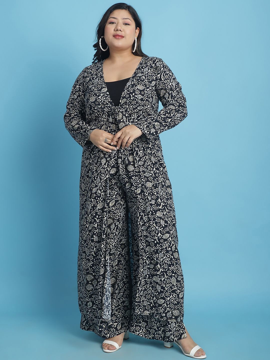 

theRebelinme Plus Size Floral Printed Longline Tie-Up Shrug, Black