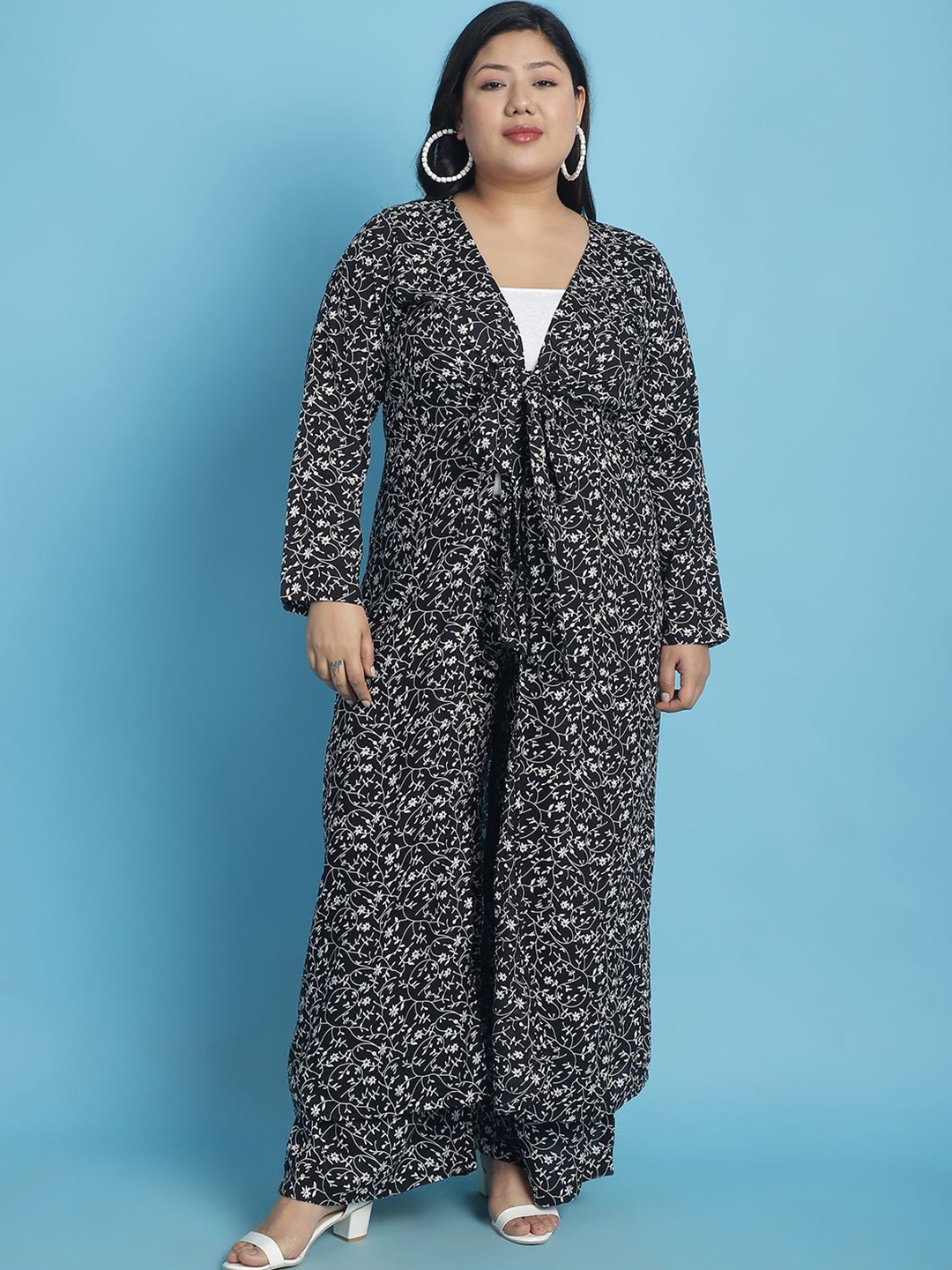 theRebelinme Plus Size Floral Printed Longline Tie-Up Shrug, Black