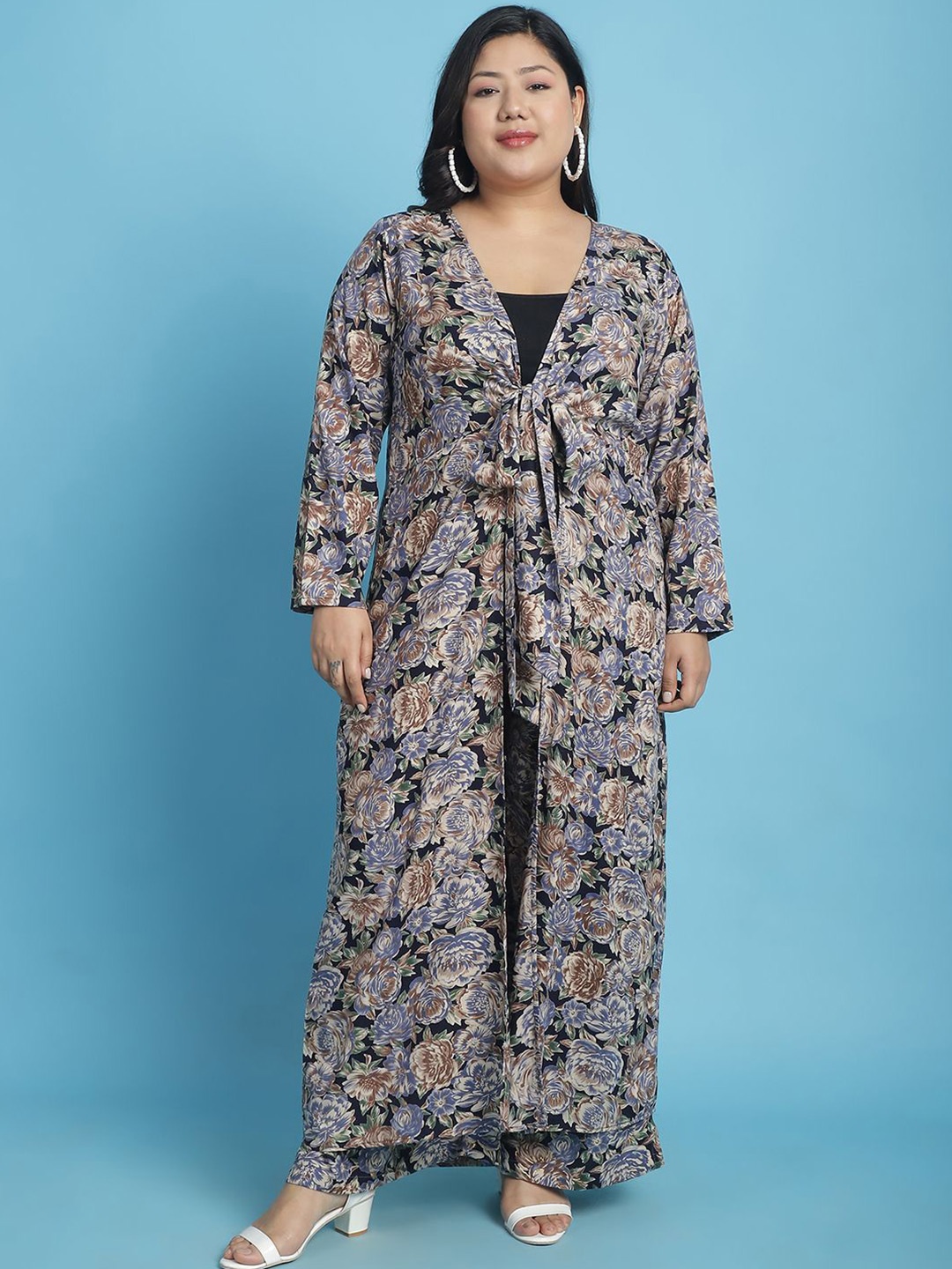theRebelinme Plus Size Floral Printed Longline Tie-Up Shrug, Navy blue