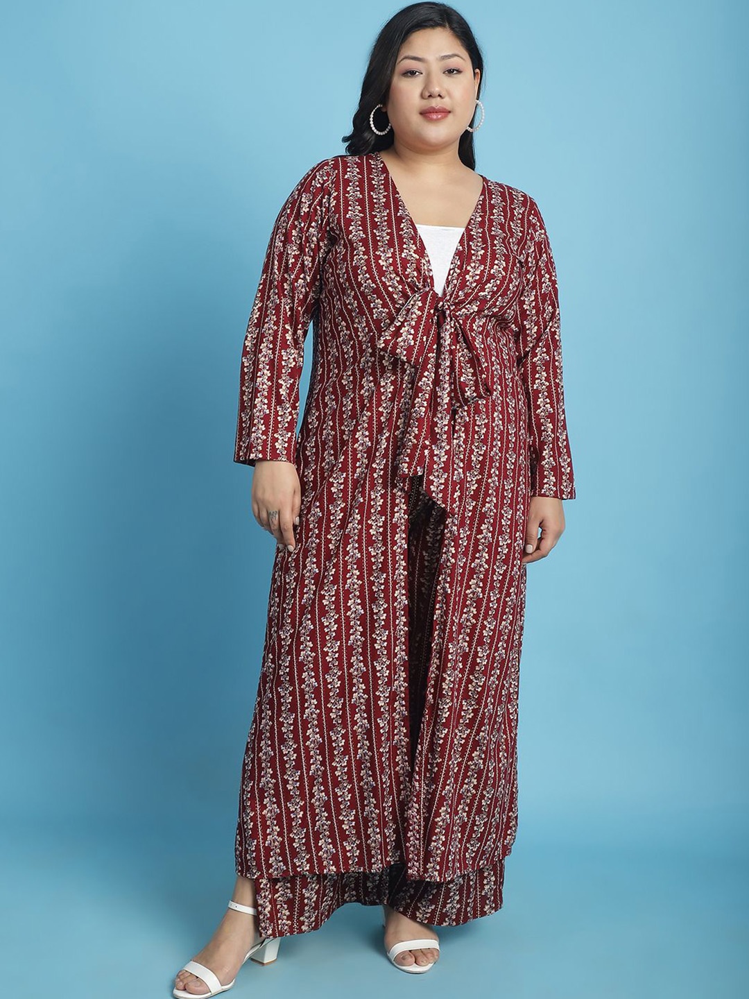 

theRebelinme Plus Size Floral Printed Longline Tie-Up Shrug, Maroon