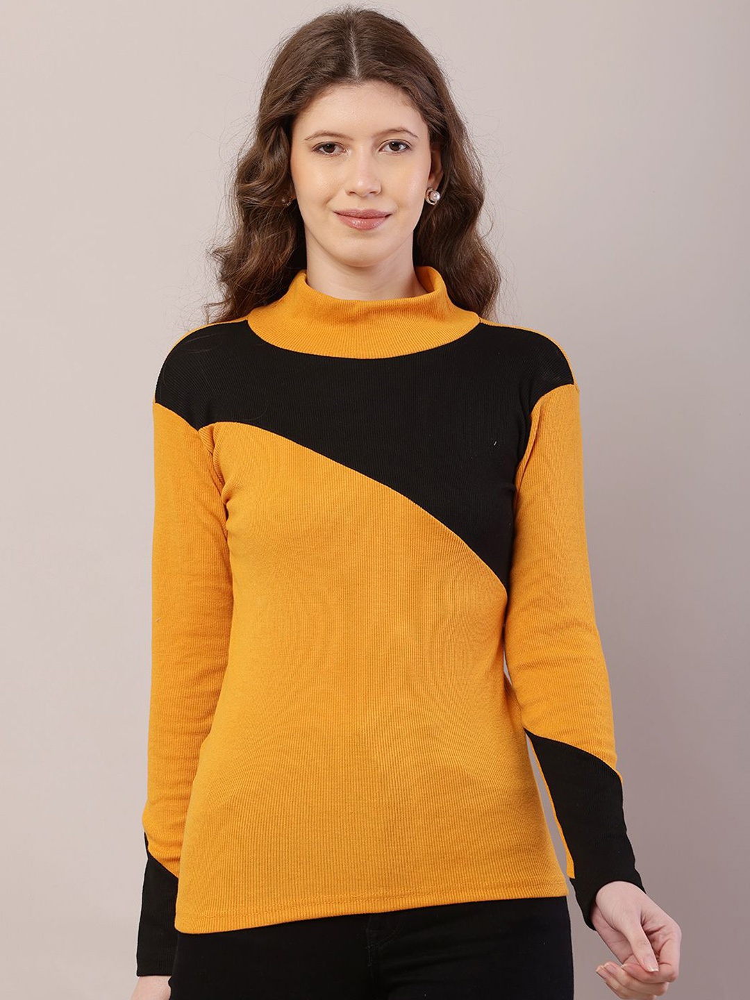RiseMax Women Colourblocked Top, Mustard