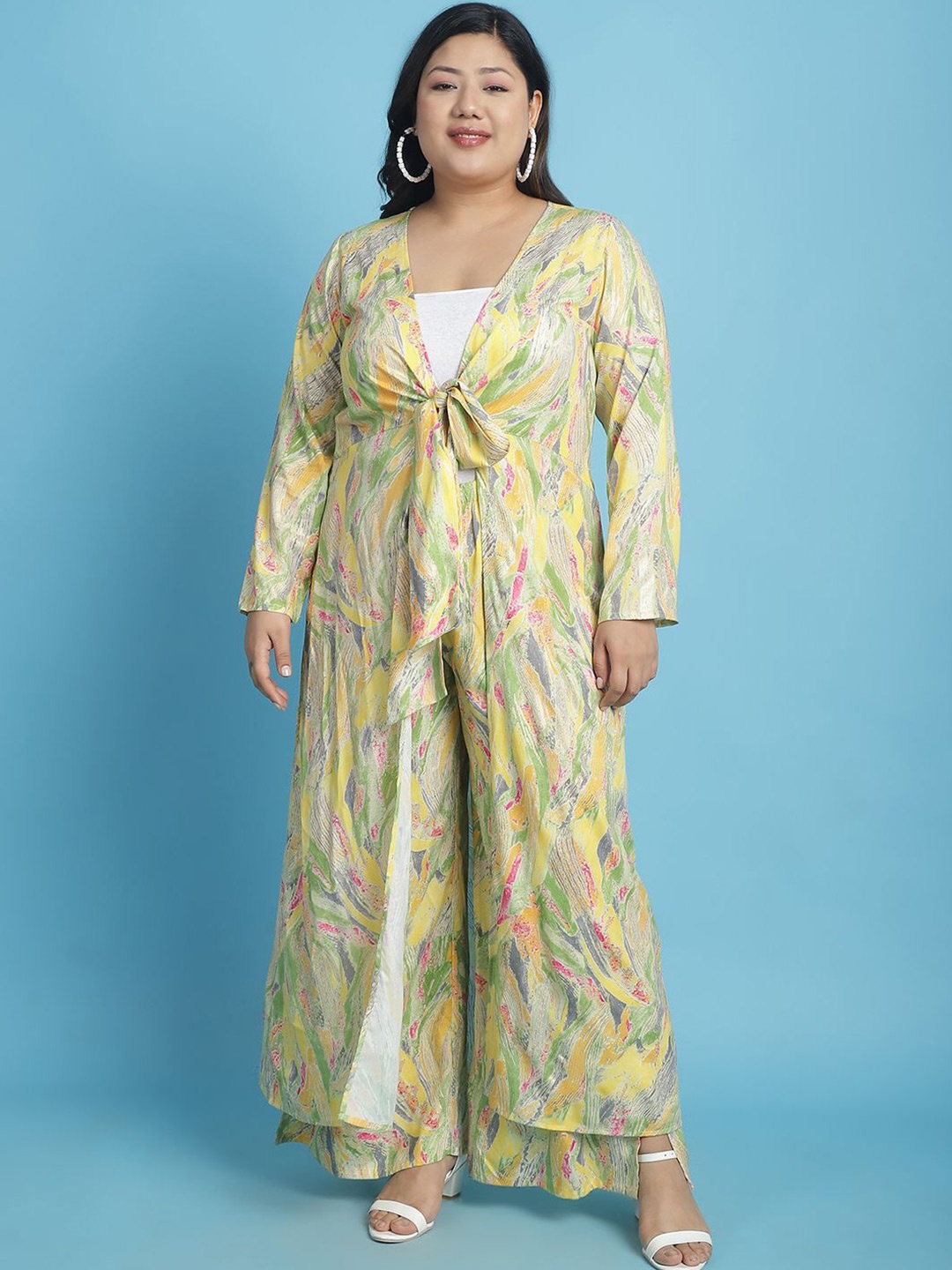 

theRebelinme Plus Size Abstract Printed Longline Tie-Up Shrug, Yellow