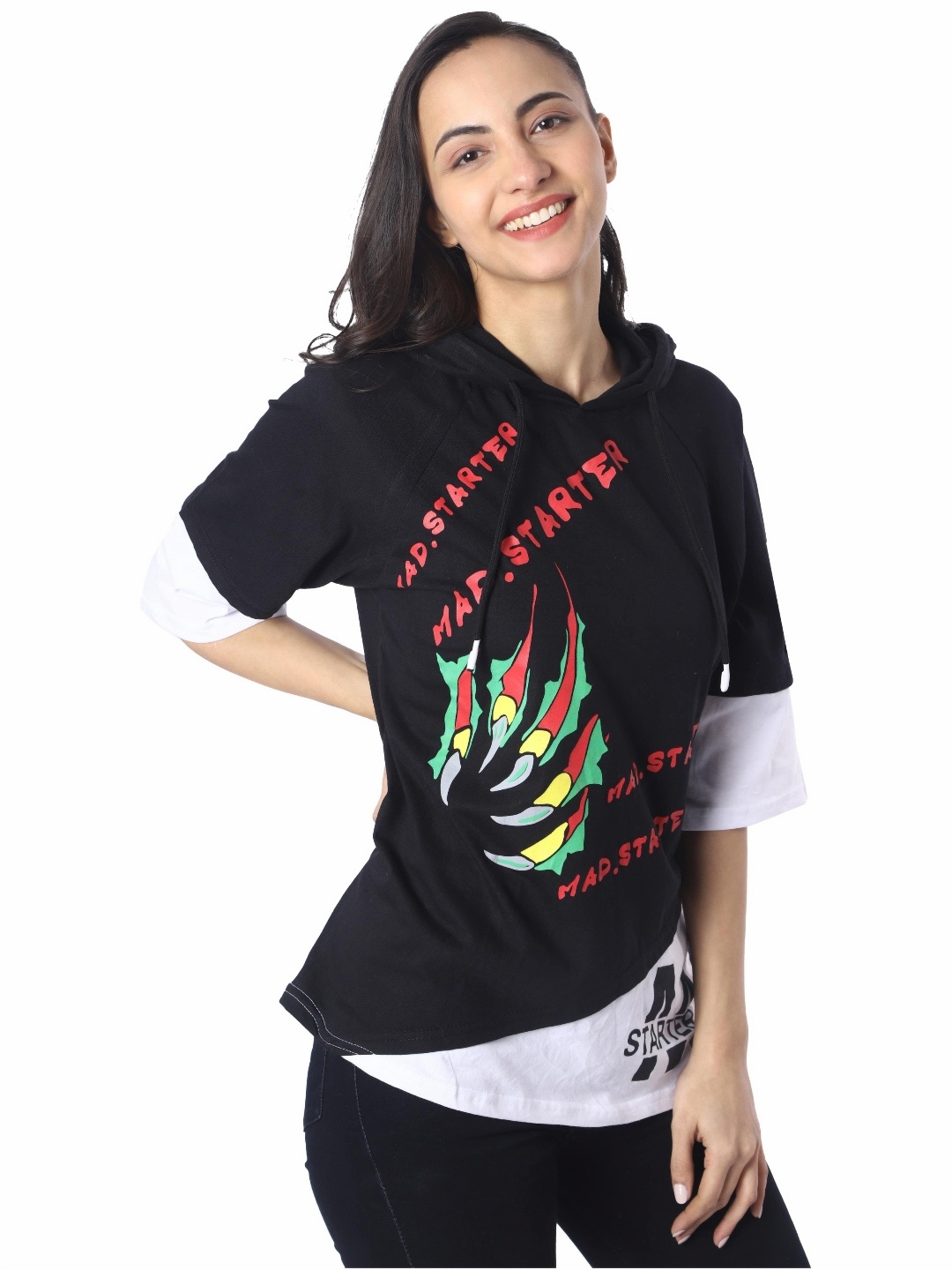 

London Hills Women Typography Printed Hood Cotton T-shirt, Black