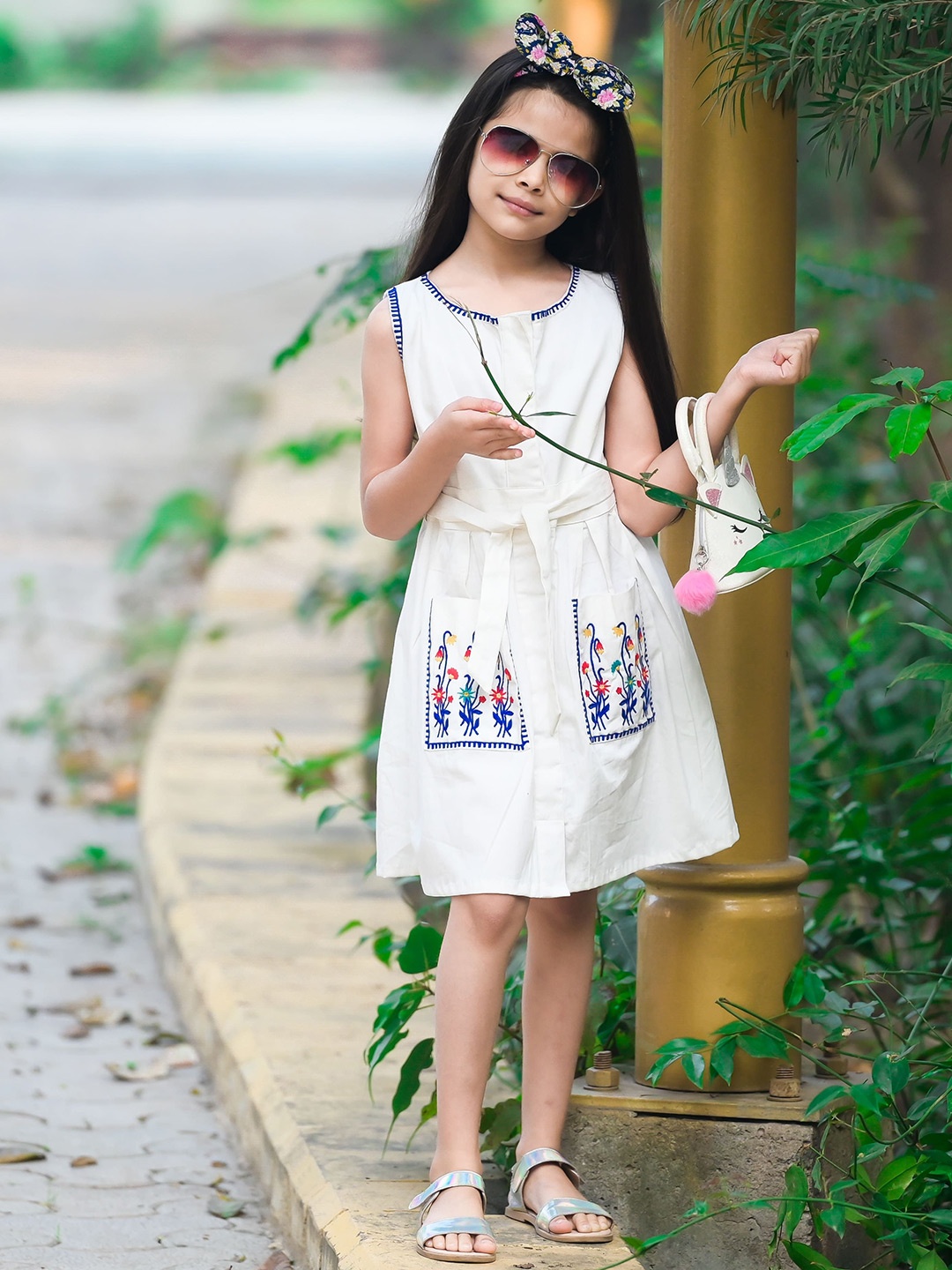 

Fairies Forever Girls Cotton Floral Embroidered A-Line Dress, White