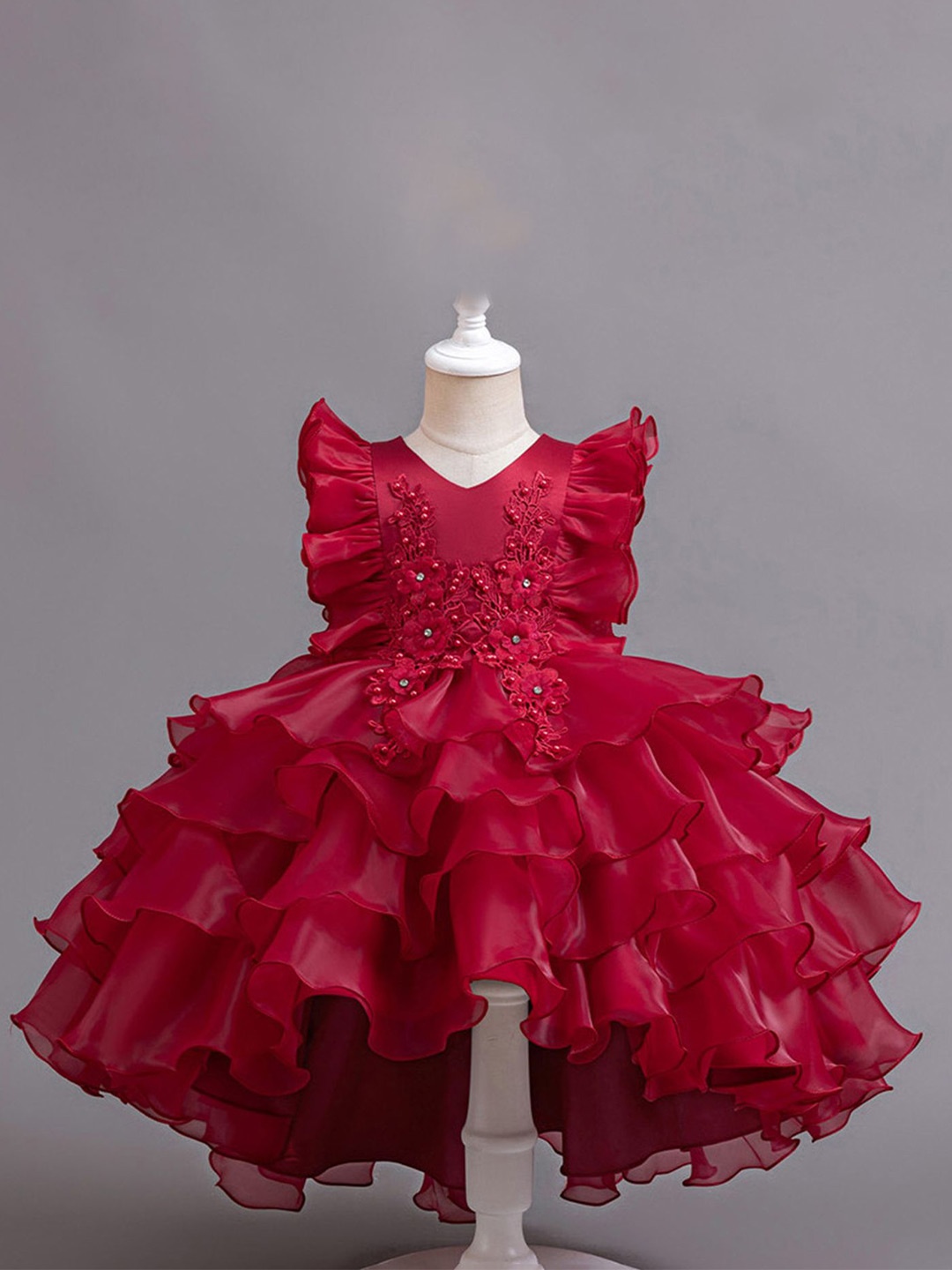 LULU & SKY Girls Embroidered Ruffles Flutter Sleeve High-Low Fit and Flare Dress, Red