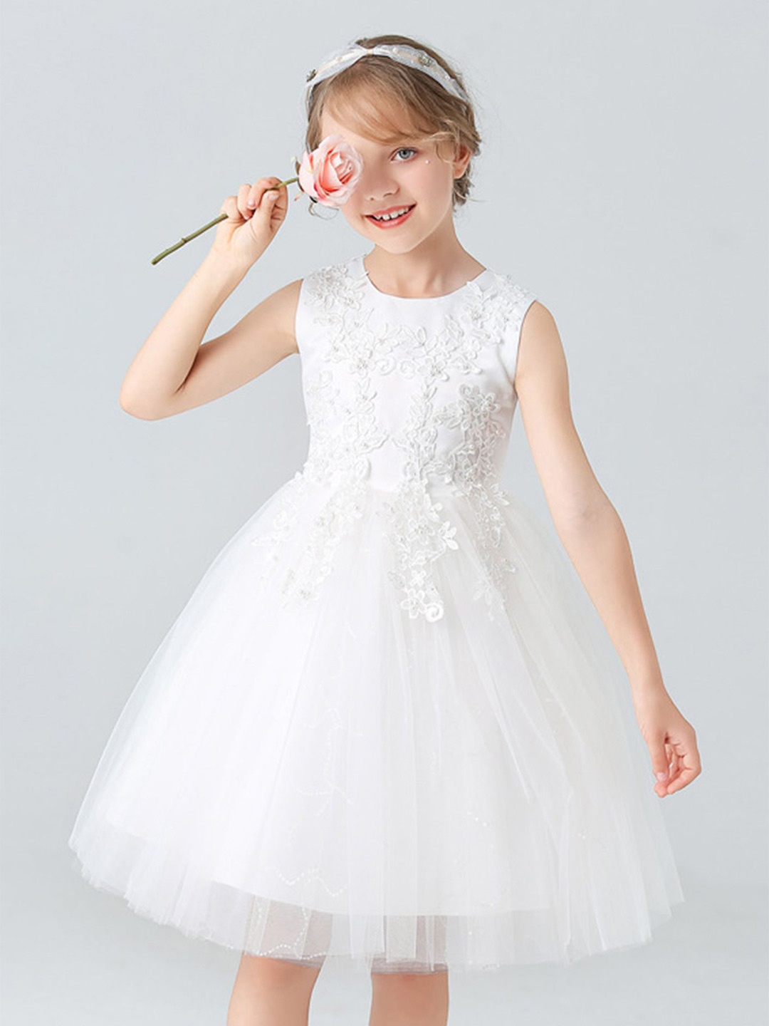 

LULU & SKY Girls Embroidered Tulle Fit & Flare Dress, White
