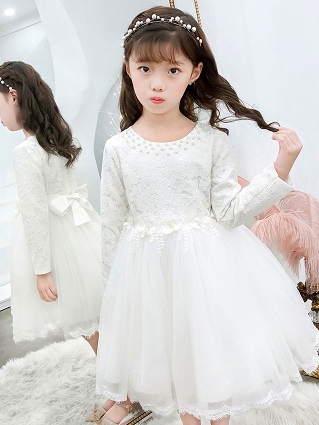 

LULU & SKY Girls Self Design Fit & Flare Dress, White