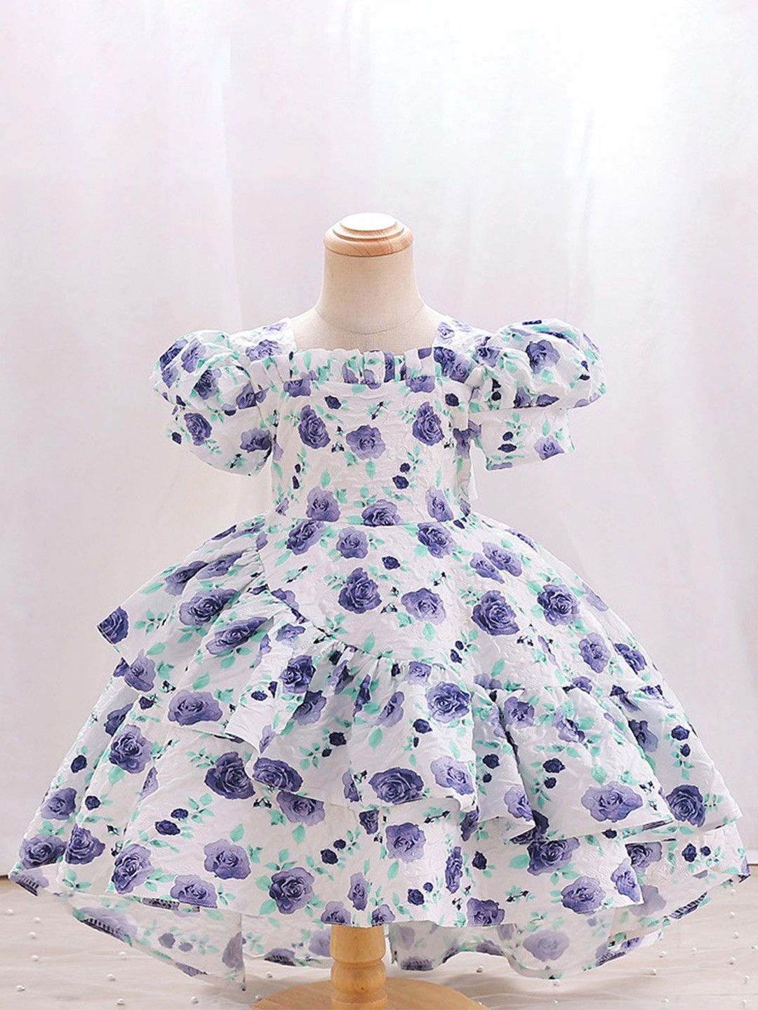 

LULU & SKY Girls Floral Print Puff Sleeve High-low Fit & Flare Dress, White