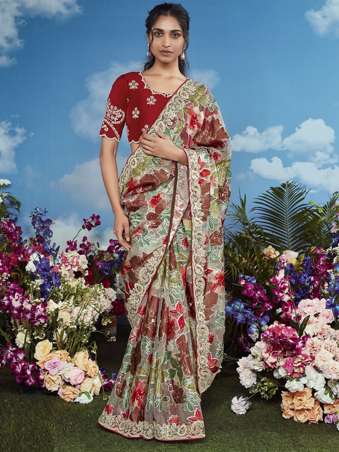 MAHALASA Floral Printed Embroidered Designer Saree, Beige