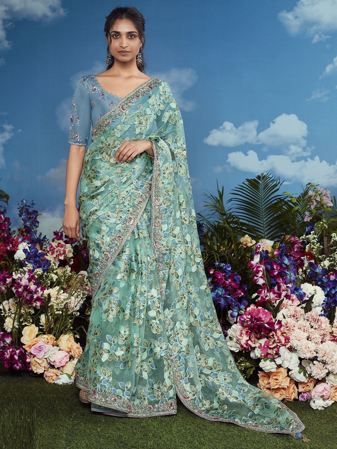 

MAHALASA Floral Embroidered Brasso Saree, Sea green