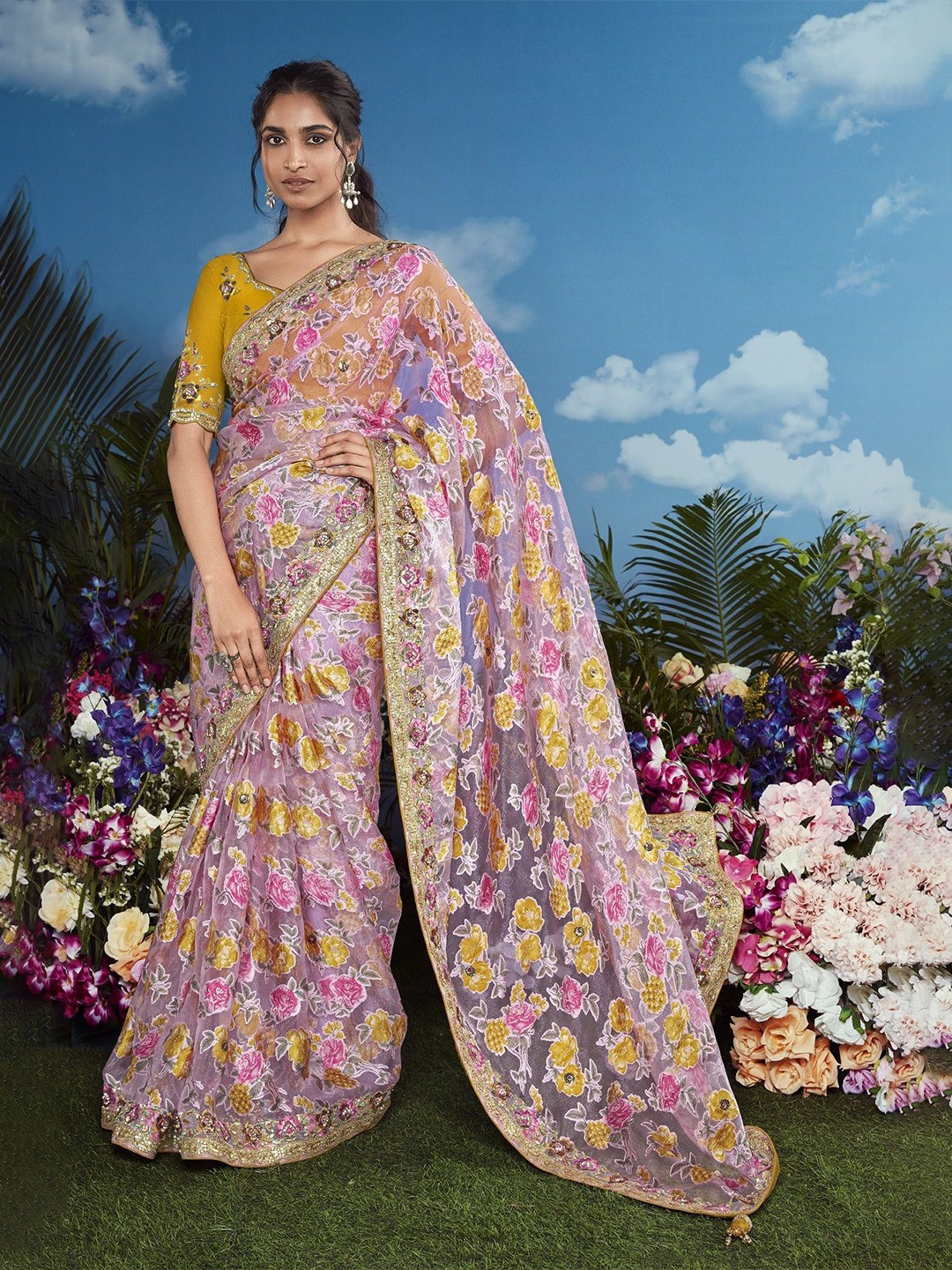 

MAHALASA Floral Embroidered Brasso Saree, Pink