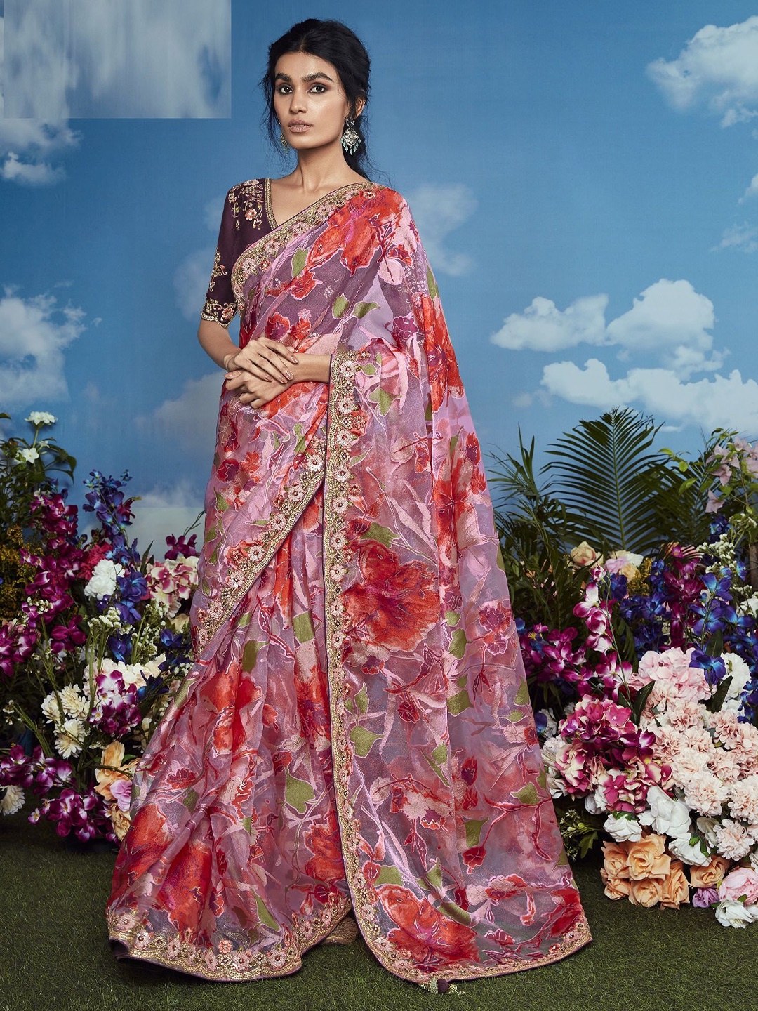 

MAHALASA Floral Embroidered Brasso Saree, Pink