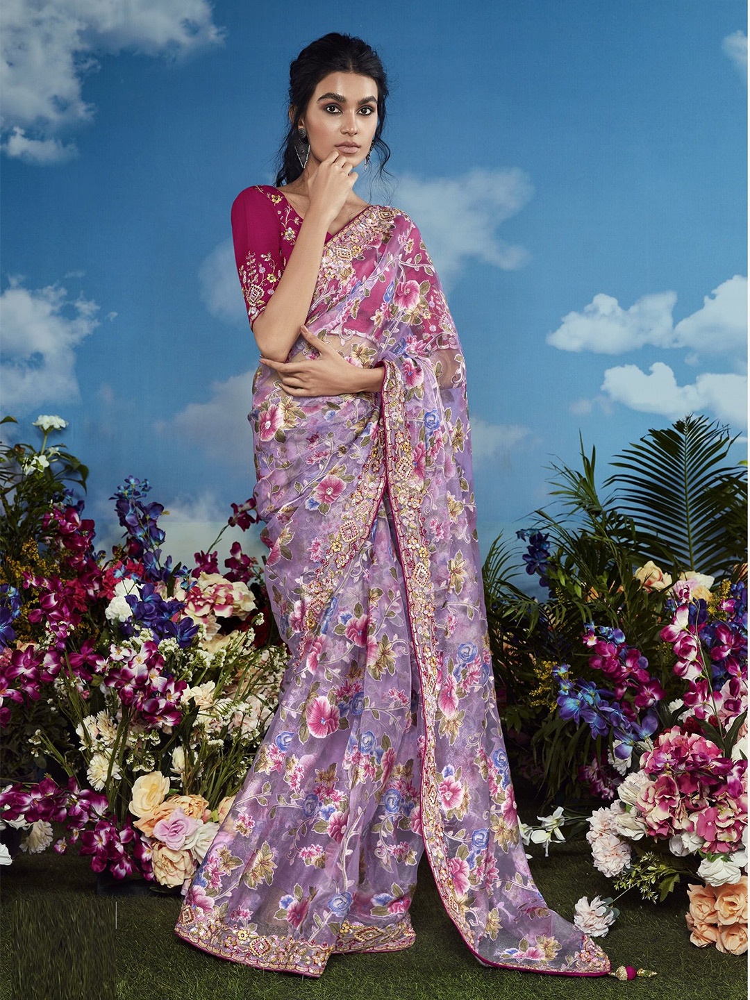 

MAHALASA Floral Embroidered Brasso Saree, Purple