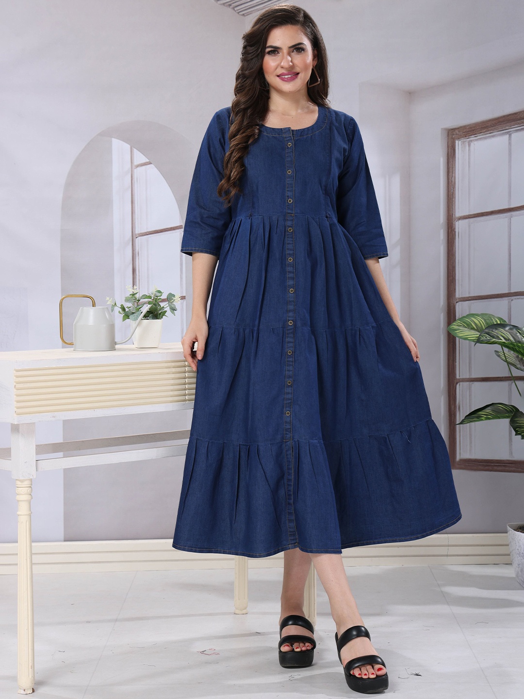 

EASY MOM Women Fit & Flare Maternity Dress, Blue