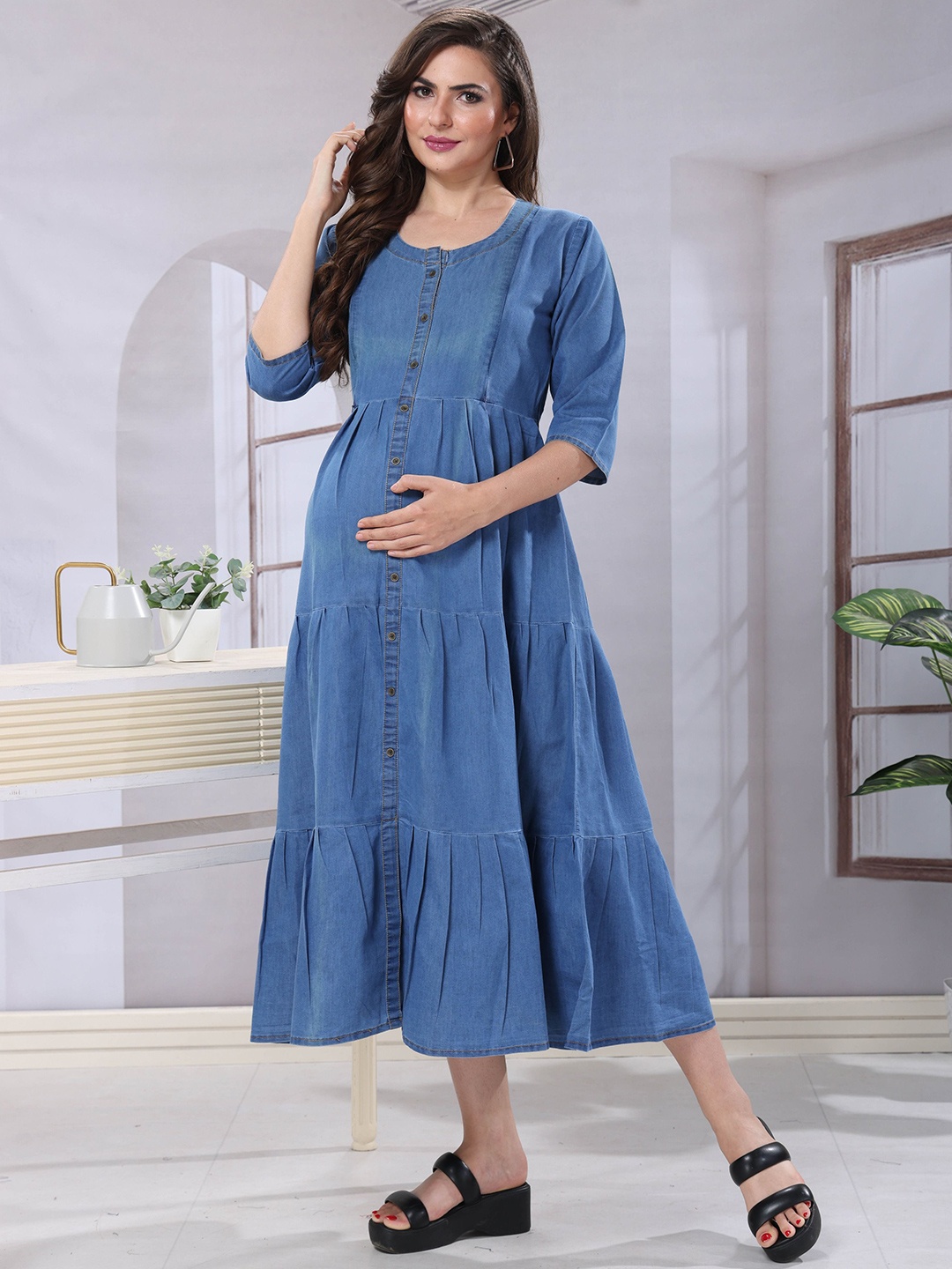 

EASY MOM Maternity Women Cotton Fit & Flare Midi Dress, Blue