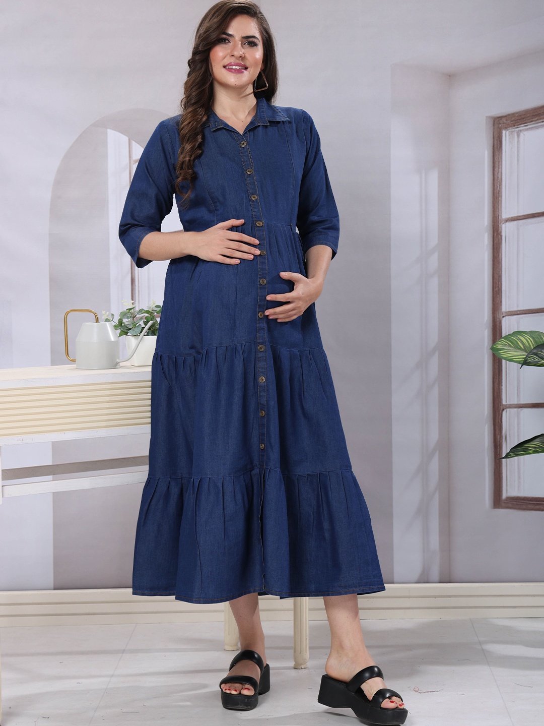 

EASY MOM Women Cotton Maternity Shirt Midi Dress, Blue