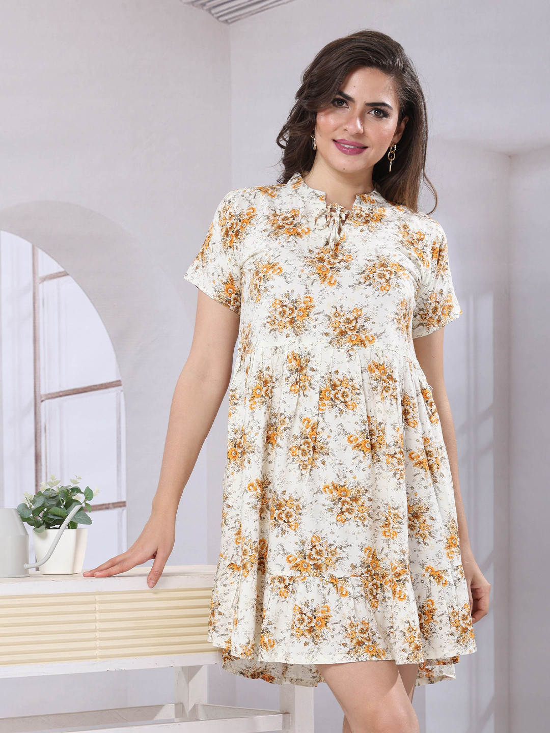 

EASY MOM Women Floral Printed Fit & Flare Dress, Mustard