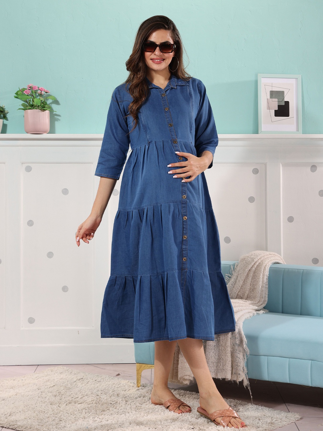 

EASY MOM Maternity Women Shirt Collar Fit & Flare Cotton Midi Dress, Blue