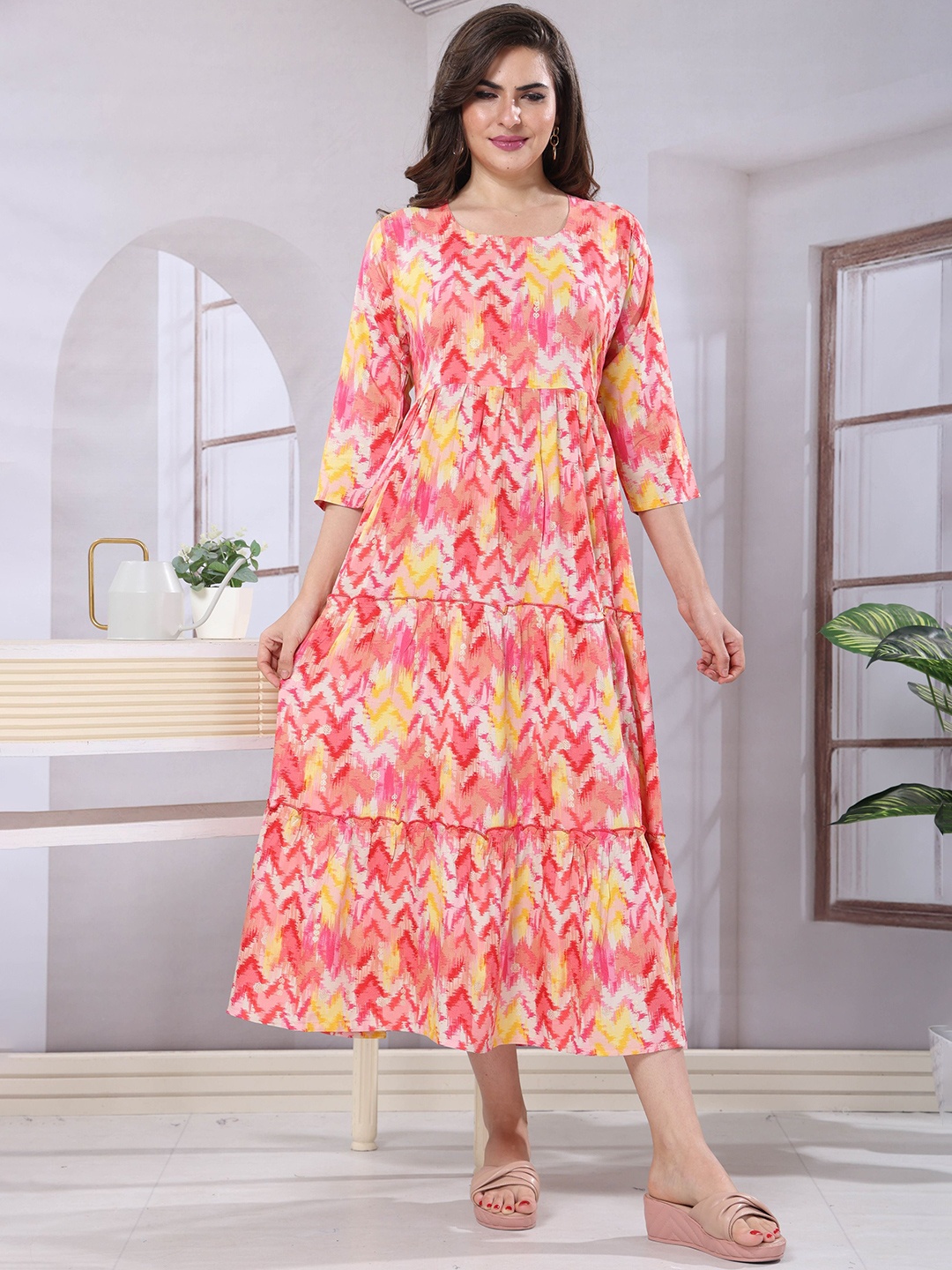 EASY MOM Women Floral Print Formal Fit & Flare Maxi Dress, Pink
