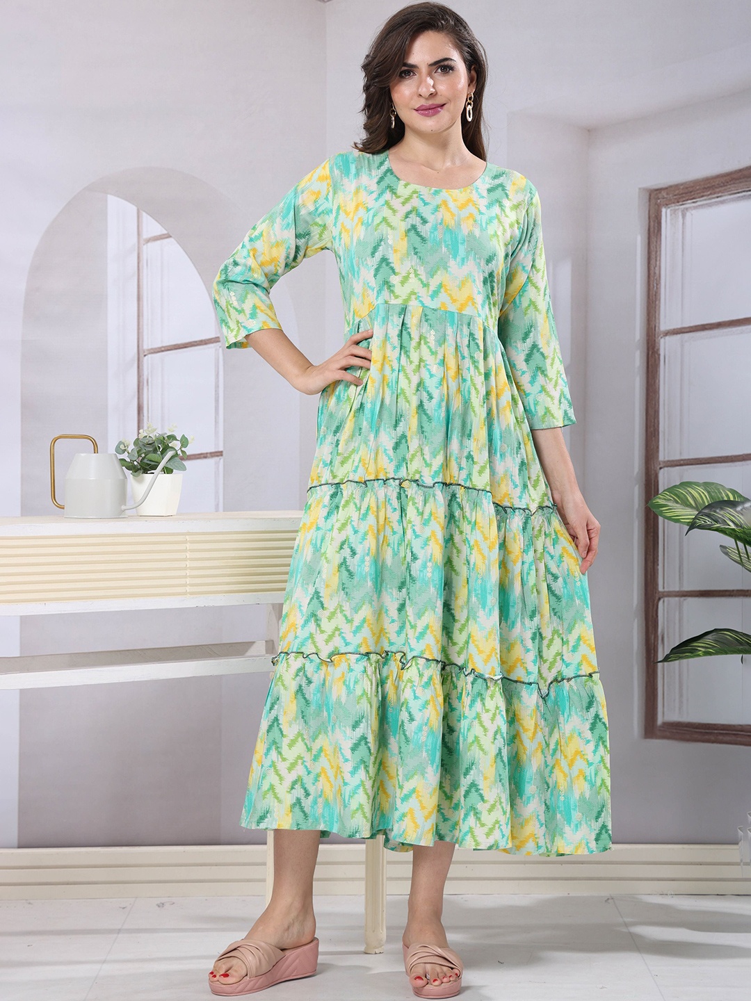 EASY MOM Women Floral Printed Fit & Flare Maxi Dress, Green