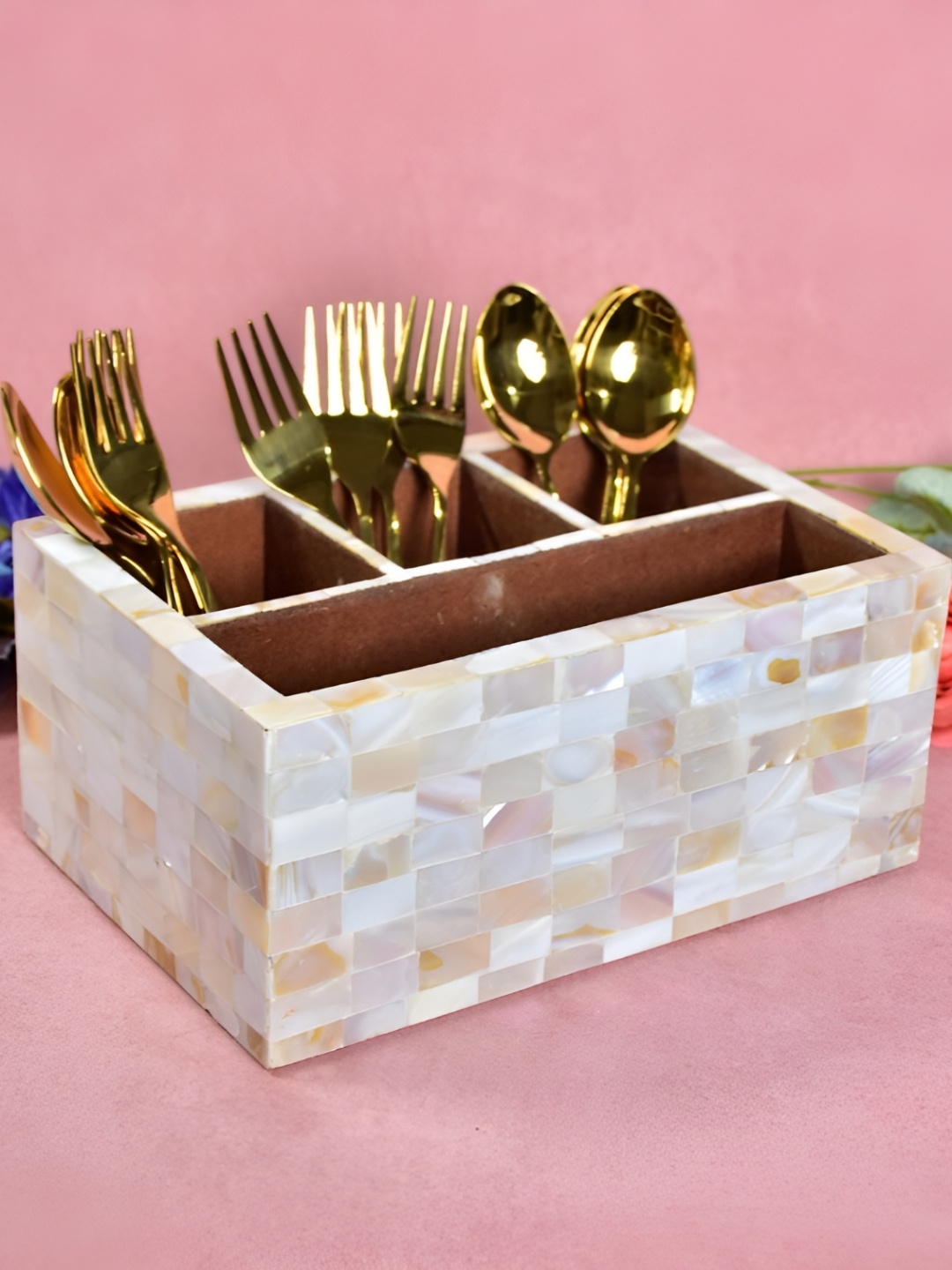 

THE HOME CO. Beige & White Geometric Printed Wooden Cutlery Holder