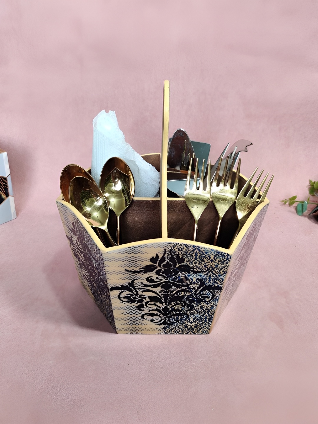 THE HOME CO. Blue & Black Floral Printed Wooden Cutlery Holder, Gold