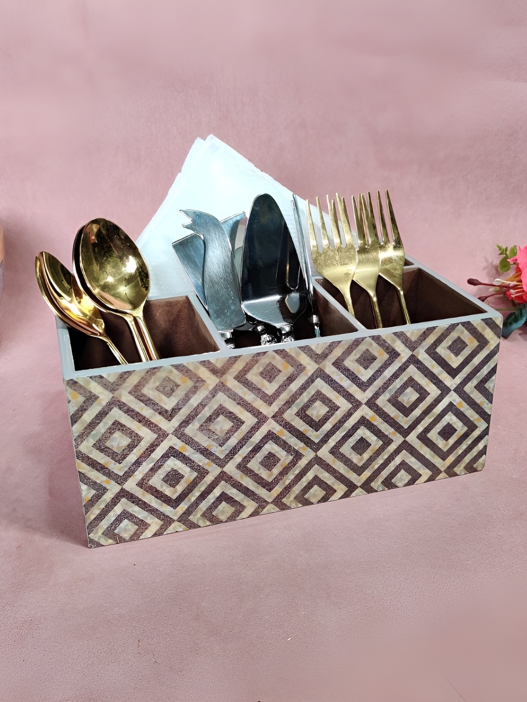 THE HOME CO. Grey & Brown Printed Wooden Cutlery Holder