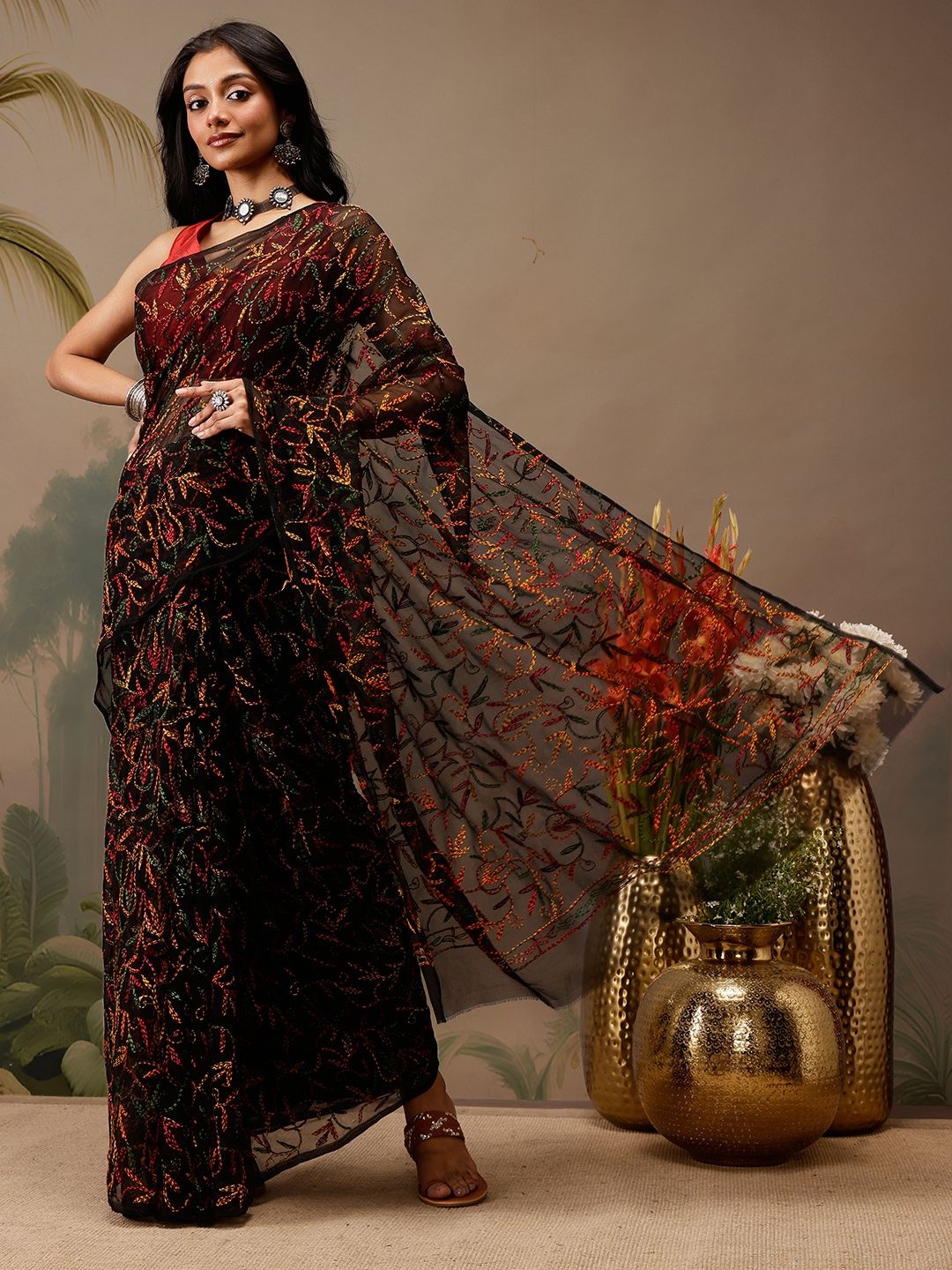 ADA Ethnic Motifs Embroidered Heavy Work Saree, Black
