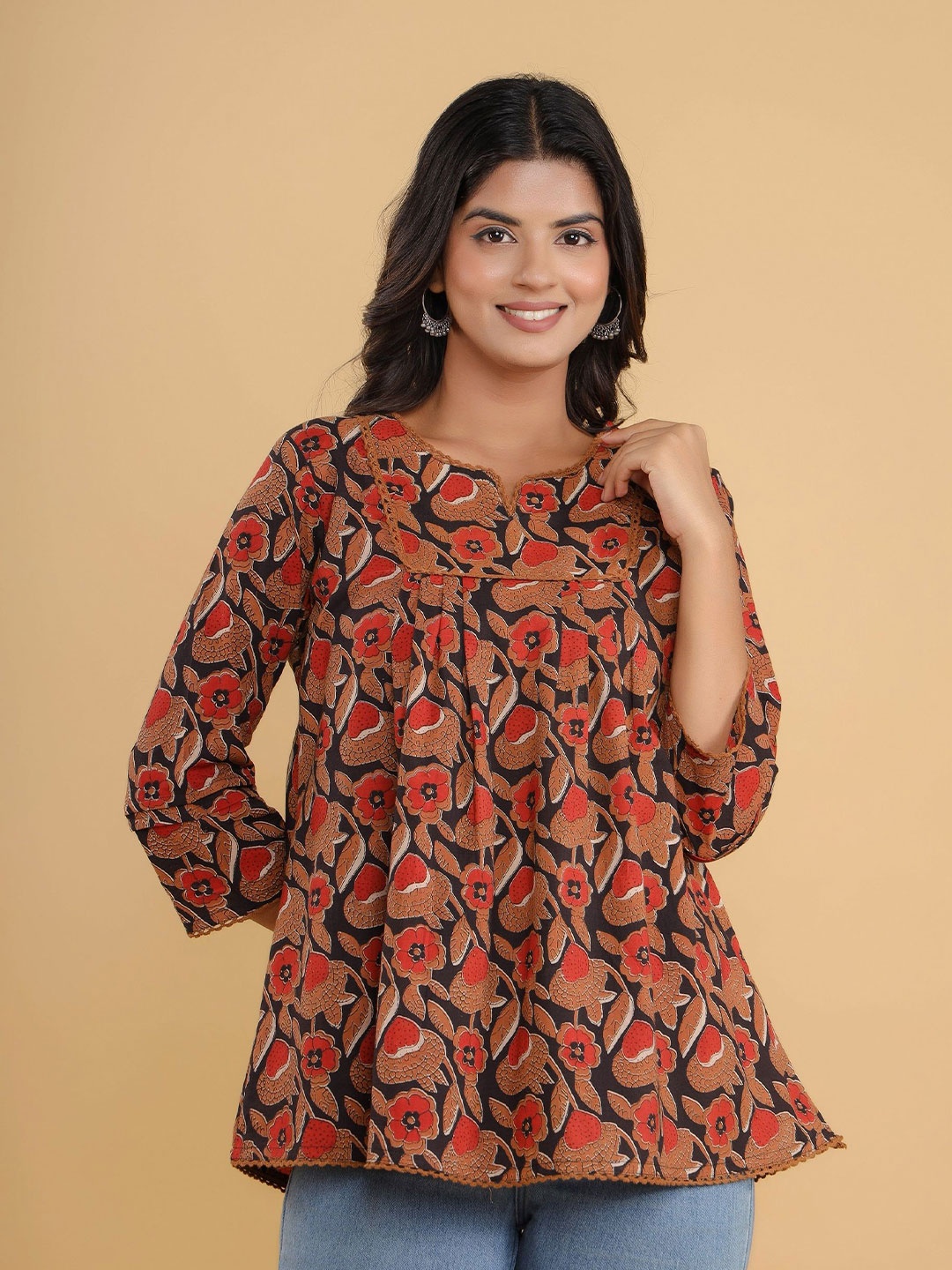 Chandbaali Floral Printed Cotton A-Line Top, Black