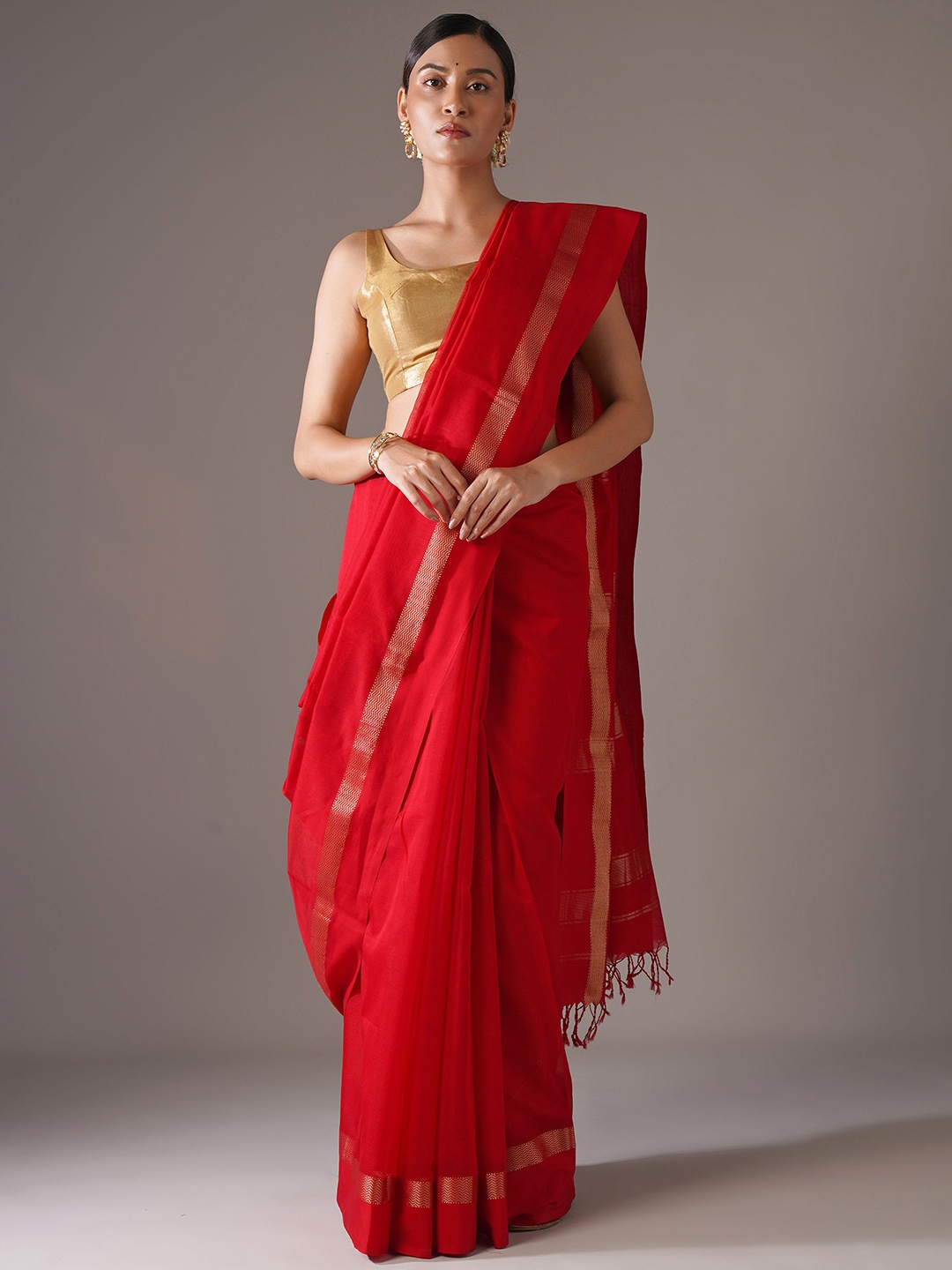 

JAYPORE Woven Design Zari Maheshwari Saree, Red