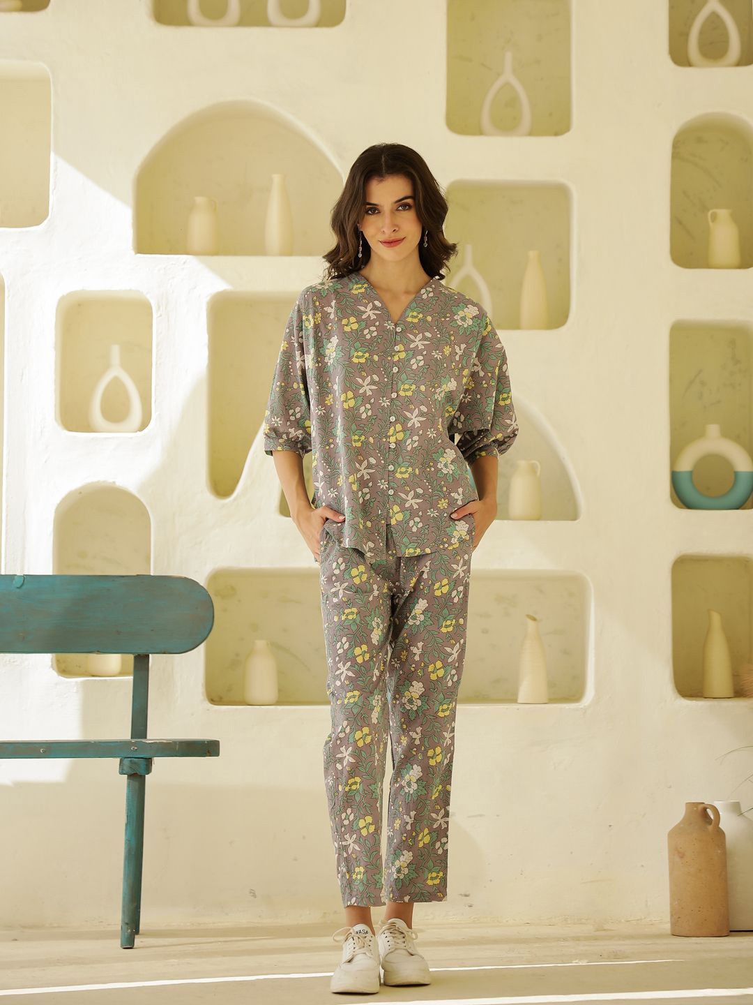 

SANSKRUTIHOMES Printed V-Neck Three-Quarter Sleeves Pure Cotton Top & Trouser, Grey