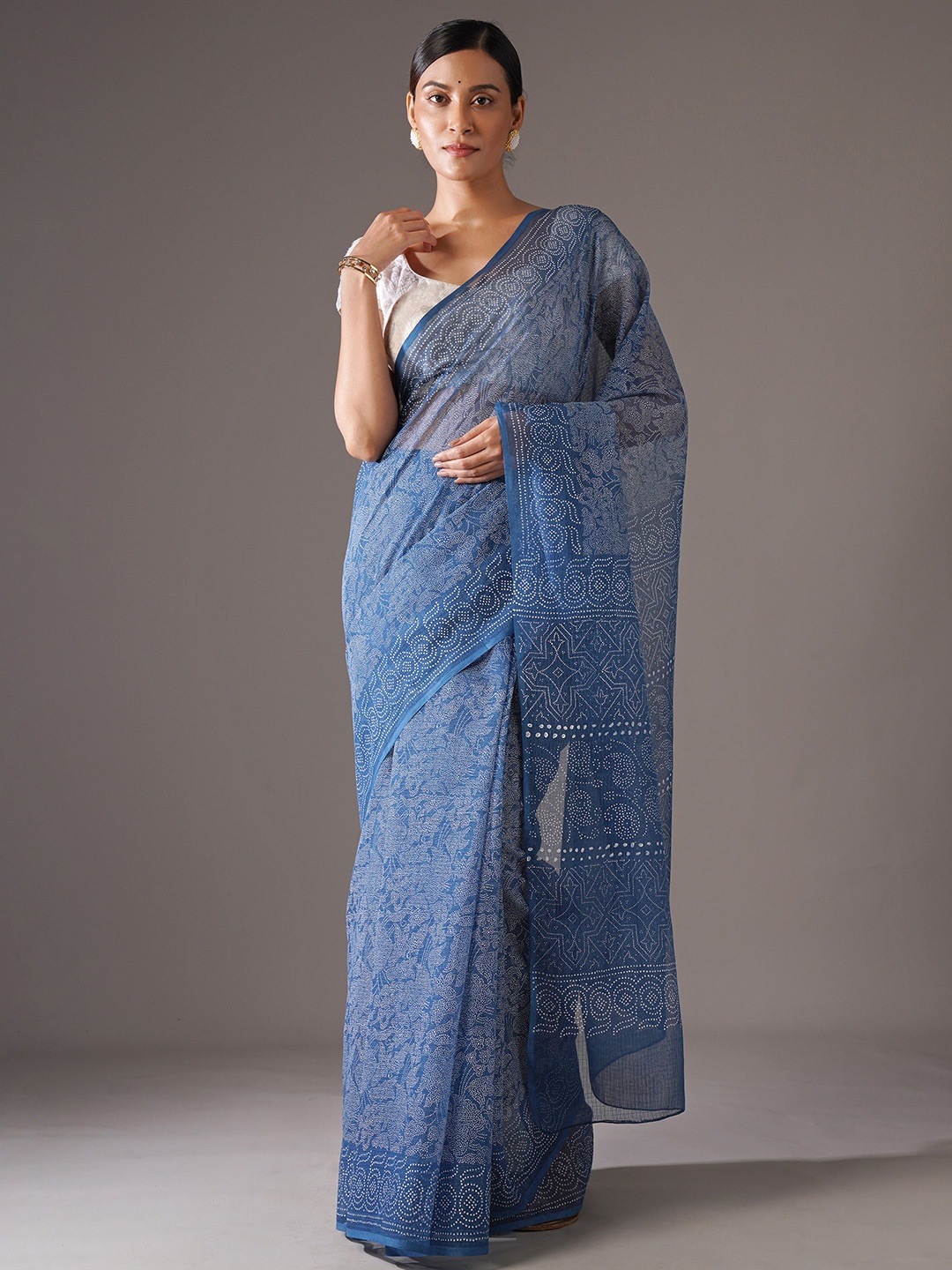 

JAYPORE Ethnic Motifs Pure Cotton Block Print Saree, Blue