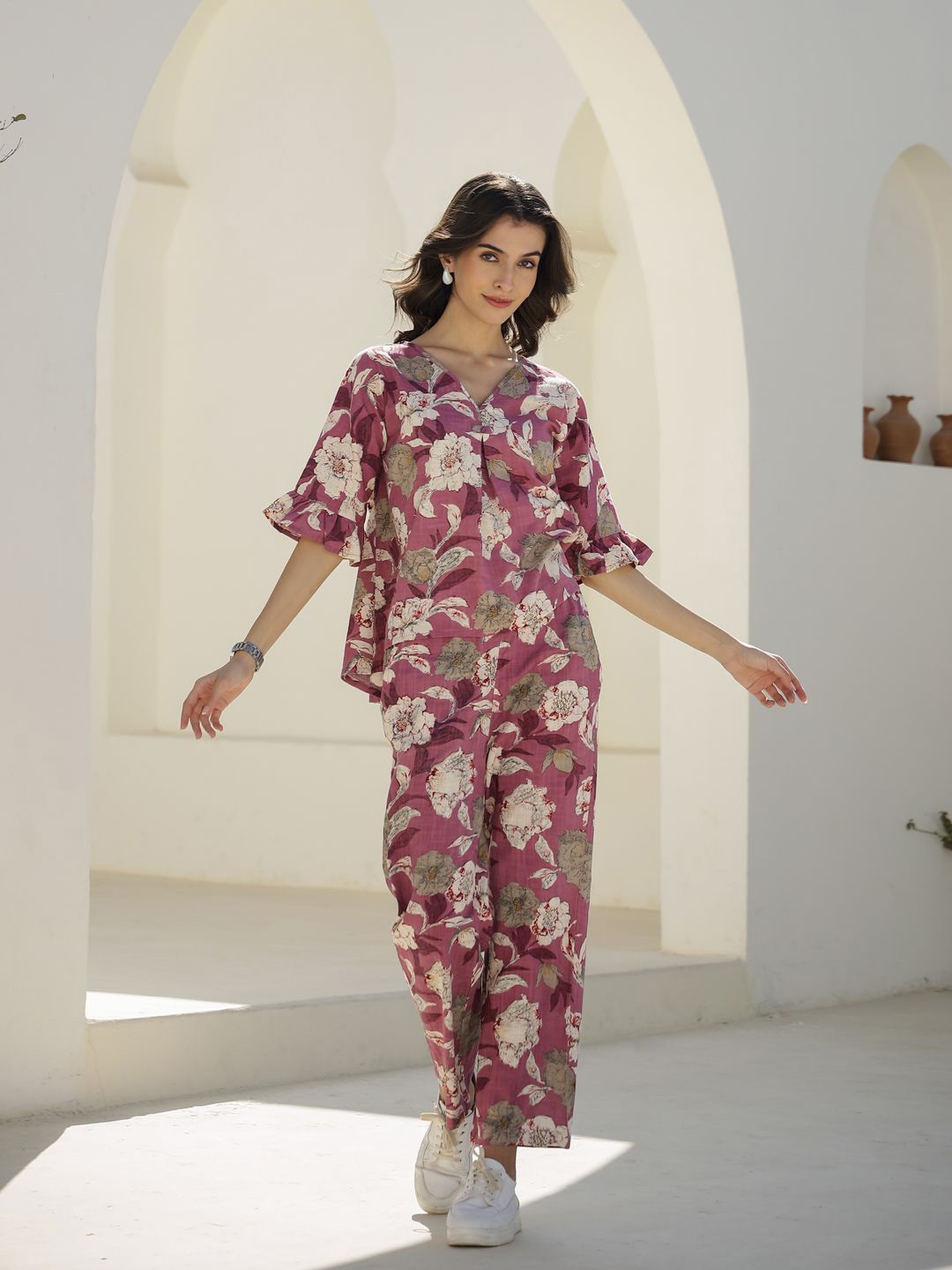 SANSKRUTIHOMES Printed V-Neck Short Sleeves Pure Cotton Top & Trouser, Mauve