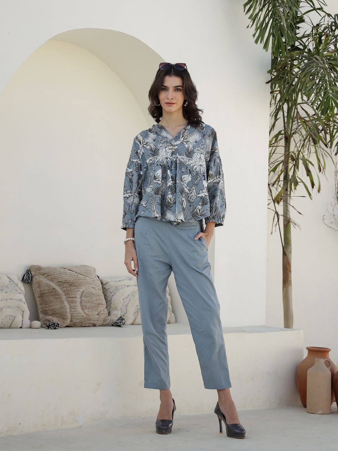 

SANSKRUTIHOMES Printed Shirt Collar Three-Quarter Sleeves Pure Cotton Top & Trouser, Blue