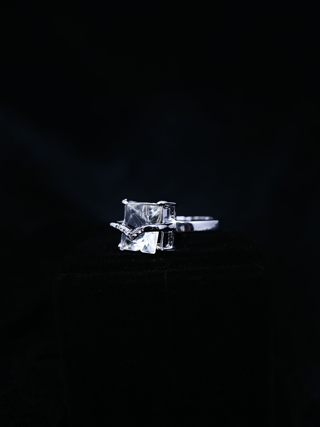

GOLD CASH Cubic Zirconia Stone-Studded Square Adjustable Finger Ring, Silver