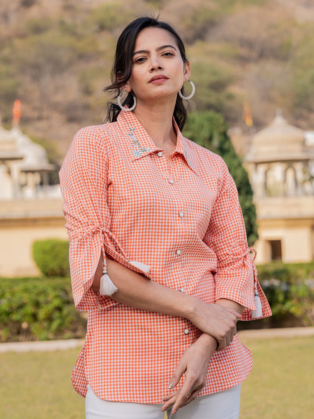 BAESD Embroidered Flared Sleeve Cotton Longline Shirt Style Top, Orange
